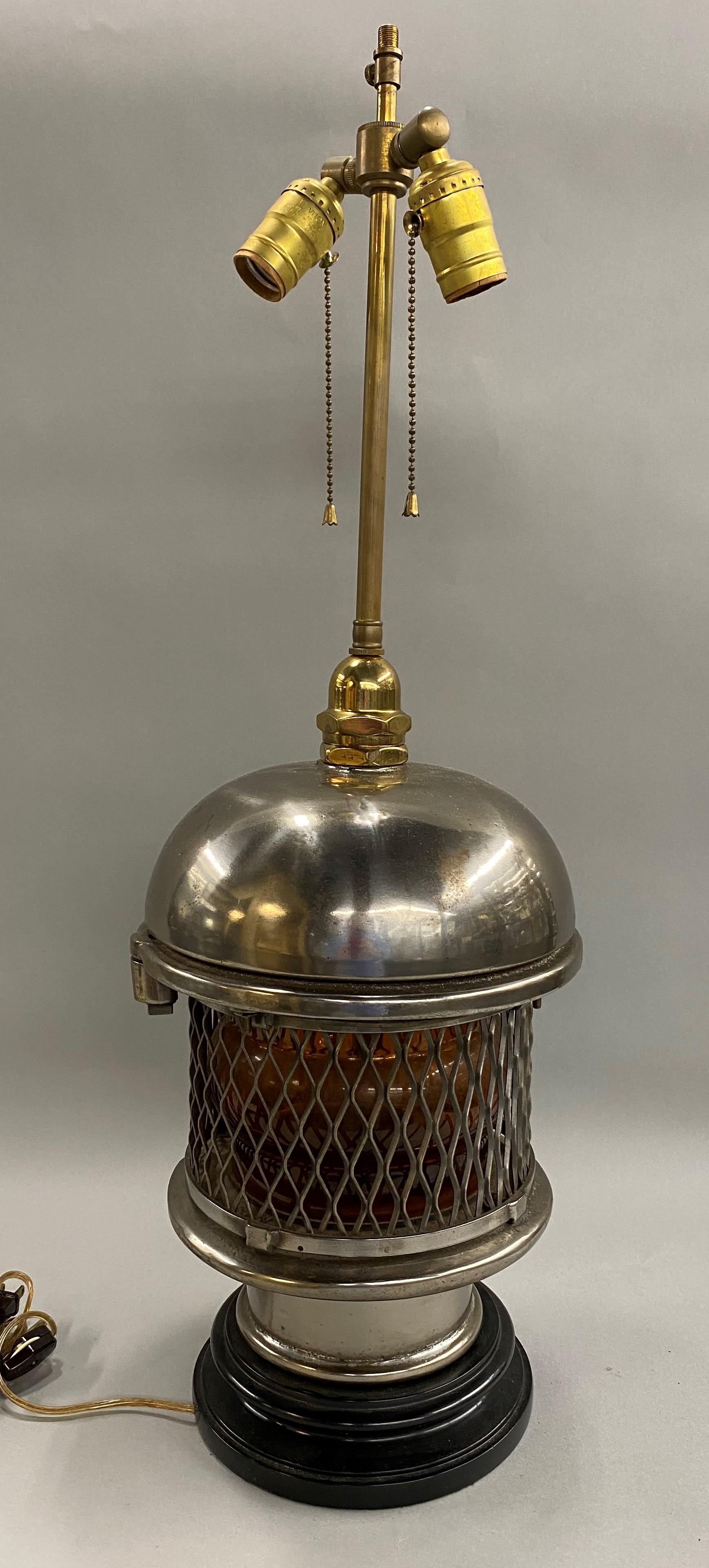 20th Century Chrome Top Nautical Ship’s Lantern Converted Table Lamp, circa 1930s