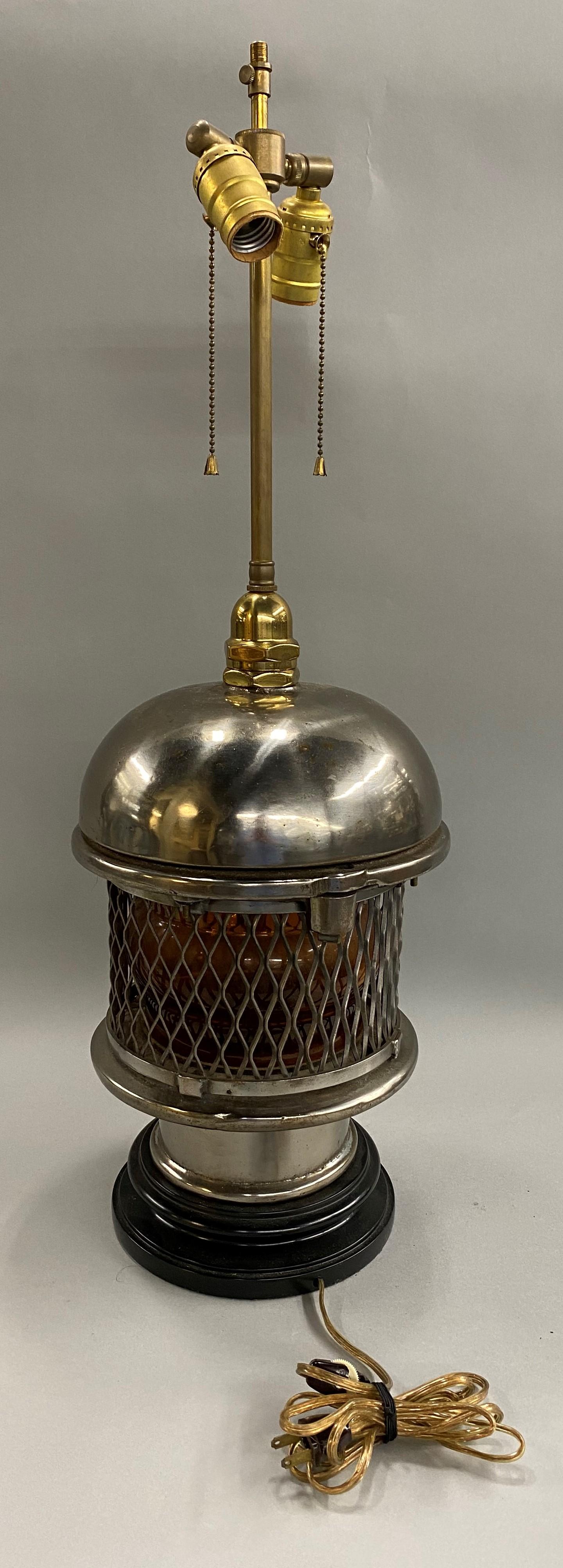 Glass Chrome Top Nautical Ship’s Lantern Converted Table Lamp, circa 1930s