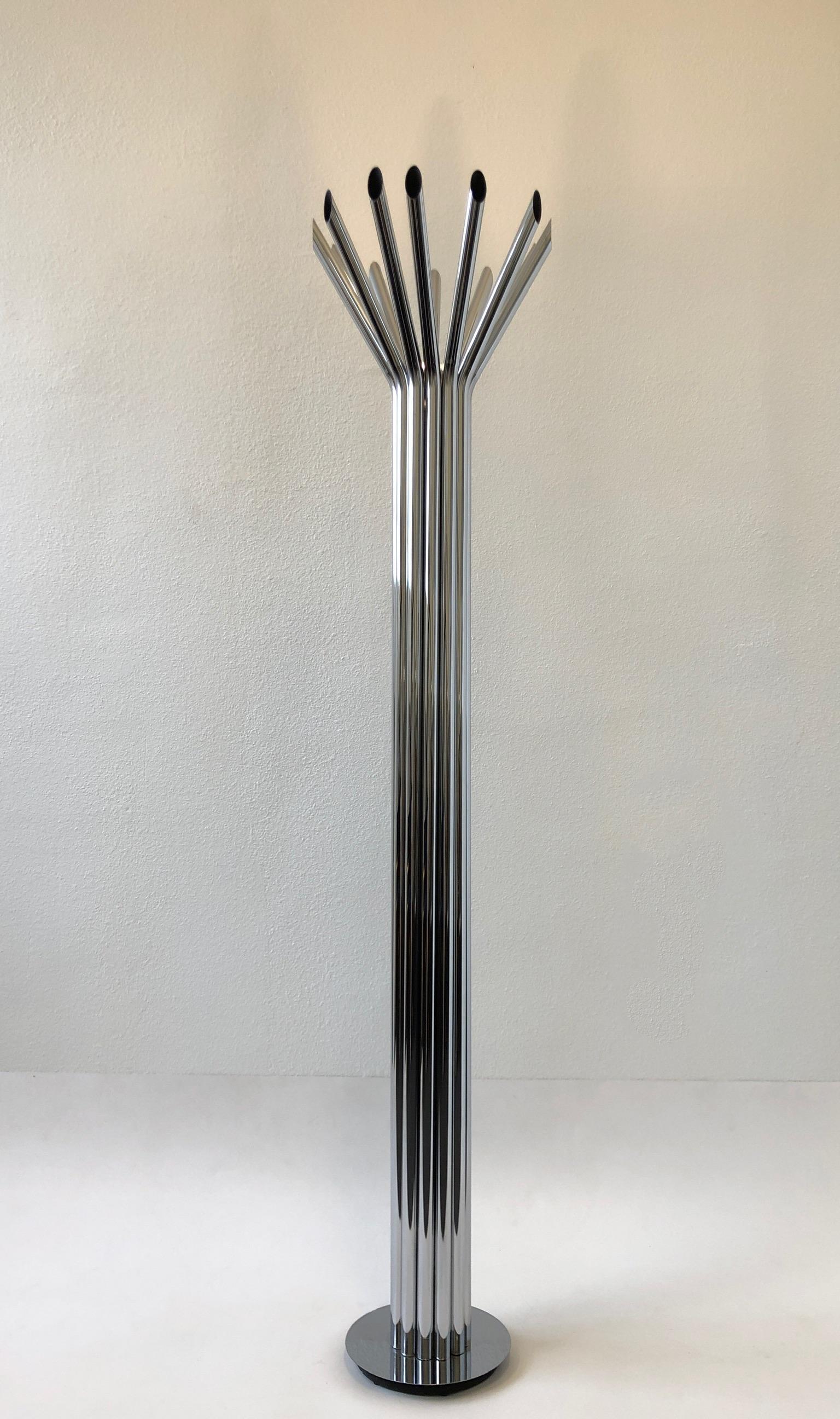 Polish chrome tubular torchiere floor lamp, design by George Kovacs in the 1980s.
Retains Kovacs tag (see detail photo).
The lamp has been newly rewired.
Measurements: 70” high, 16” diameter and 10” base.