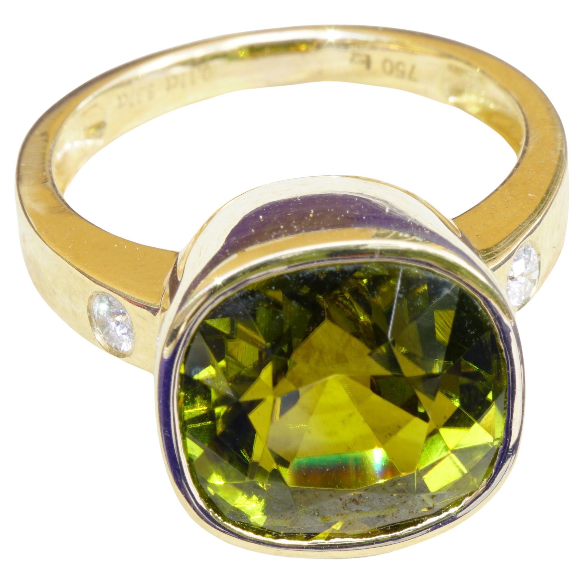 Chrom Turmalin Brillant Ring Außergewöhnliche Farbe 18kt Gold Gelb-Grünlich im Angebot