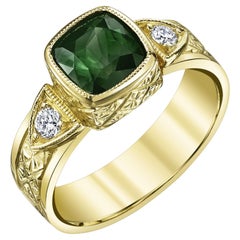 Chrome Tourmaline Cushion and Diamond Hand-Engraved Band Ring in Yellow Gold