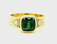 Chrome Tourmaline Cushion and Diamond Hand-Engraved Band Ring in Yellow Gold