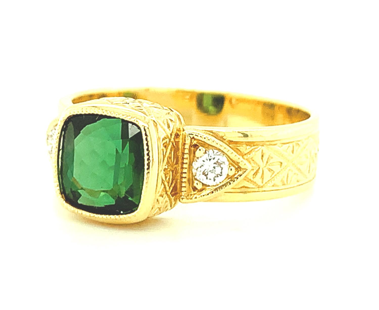 Artisan Chrome Tourmaline Cushion and Diamond Hand-Engraved Band Ring in Yellow Gold For Sale