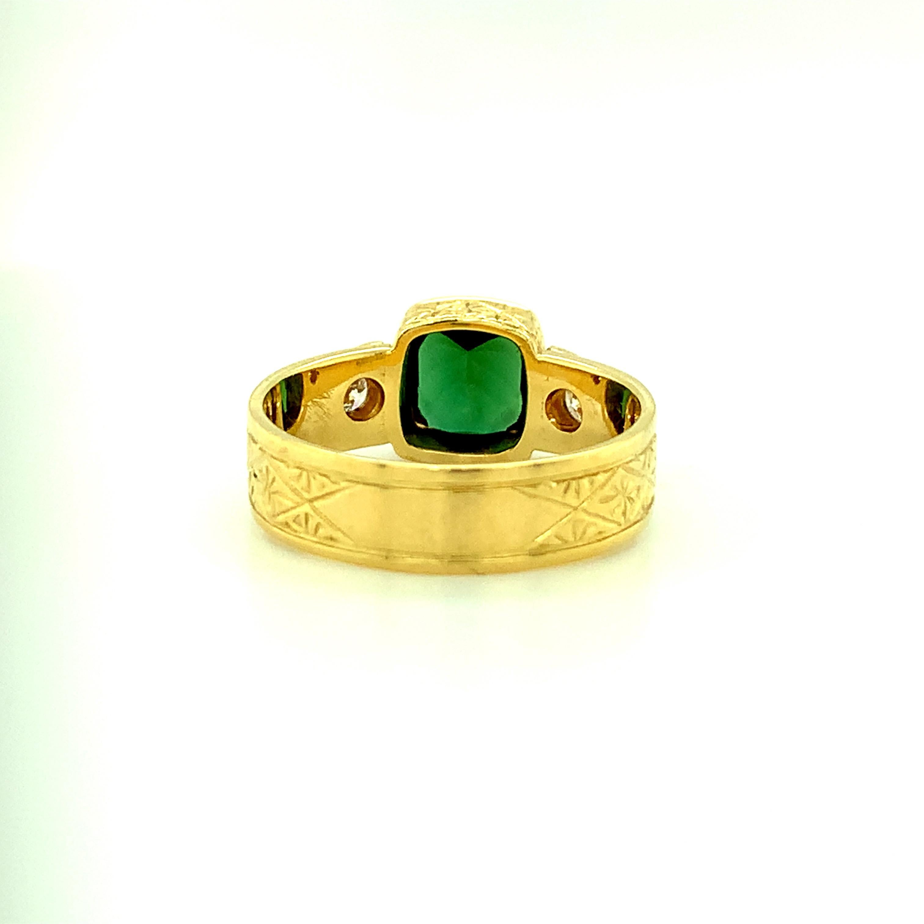 Cushion Cut Chrome Tourmaline Cushion and Diamond Hand-Engraved Band Ring in Yellow Gold   For Sale