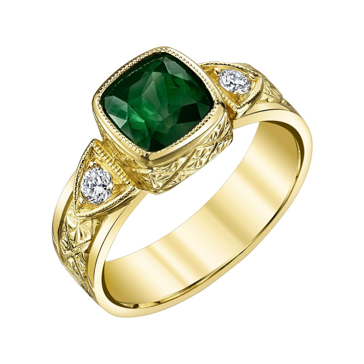 Chrome Tourmaline Cushion and Diamond Hand-Engraved Band Ring in Yellow Gold   For Sale