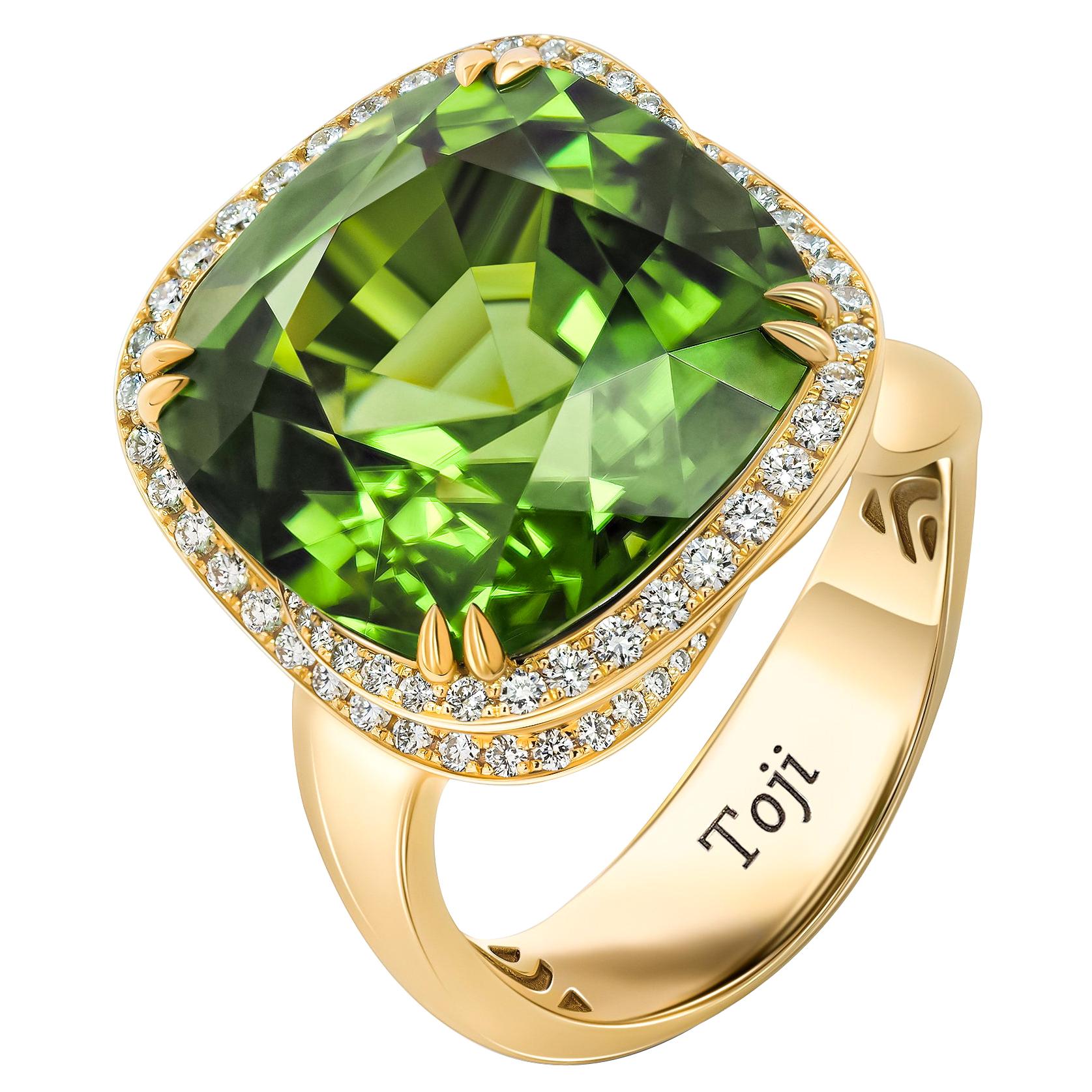 Chrome Tourmaline Ring, 18k Yellow Gold Chrome Tourmaline & Diamonds