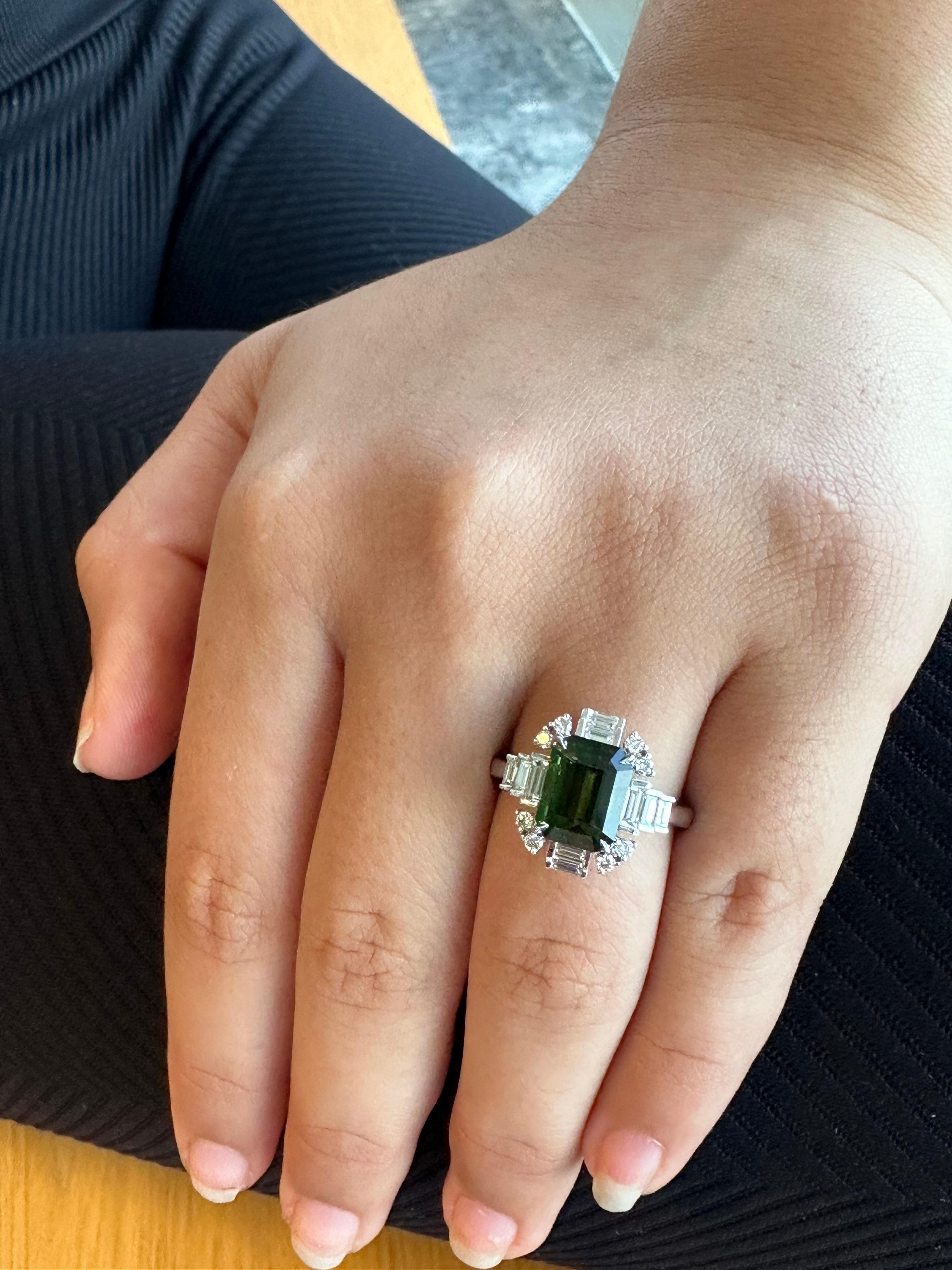 Women's Chrome Tourmaline Ring 3.15 Carat Emerald Cut For Sale