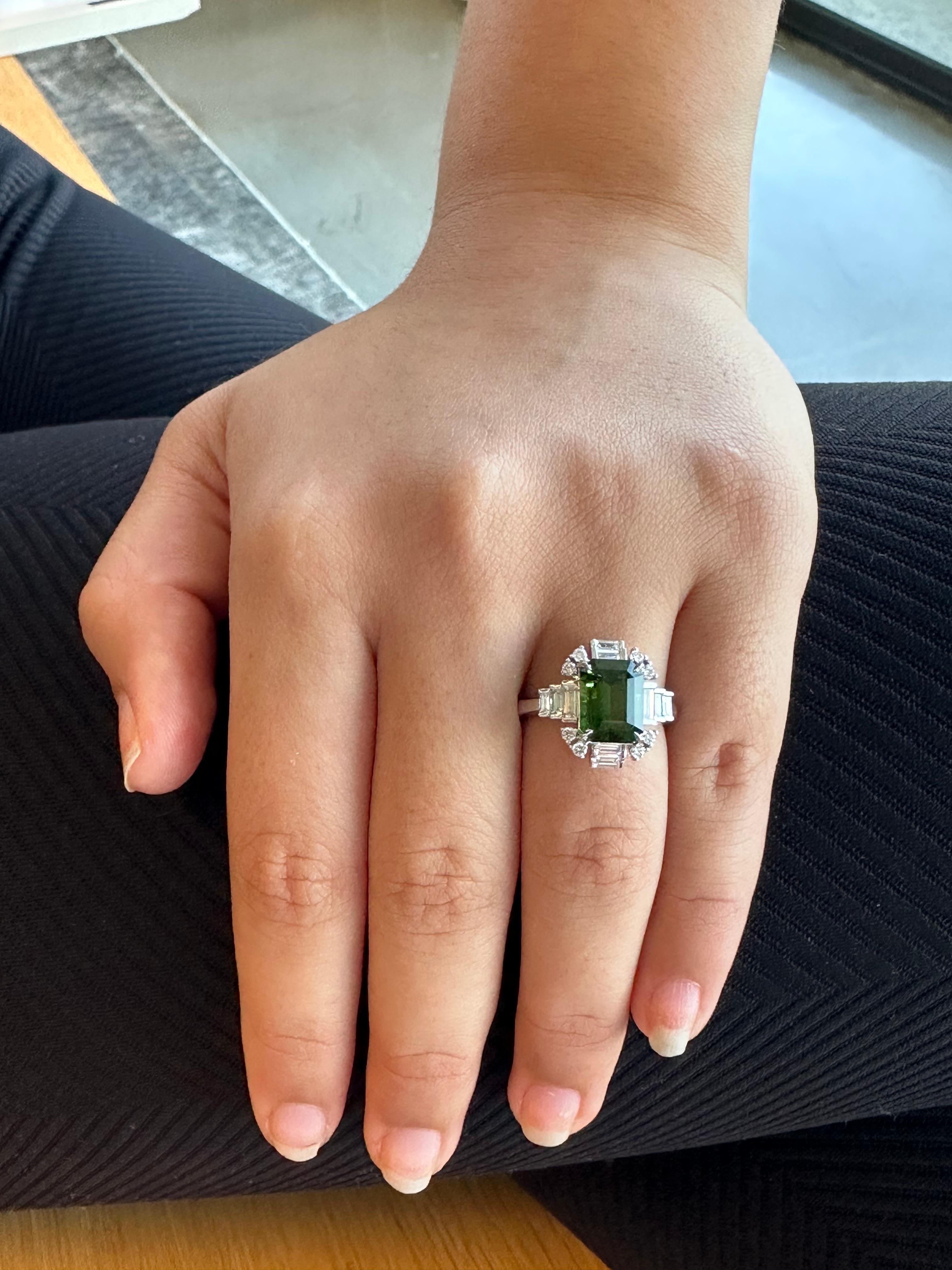 Chrome Tourmaline Ring 3.15 Carat Emerald Cut For Sale 1