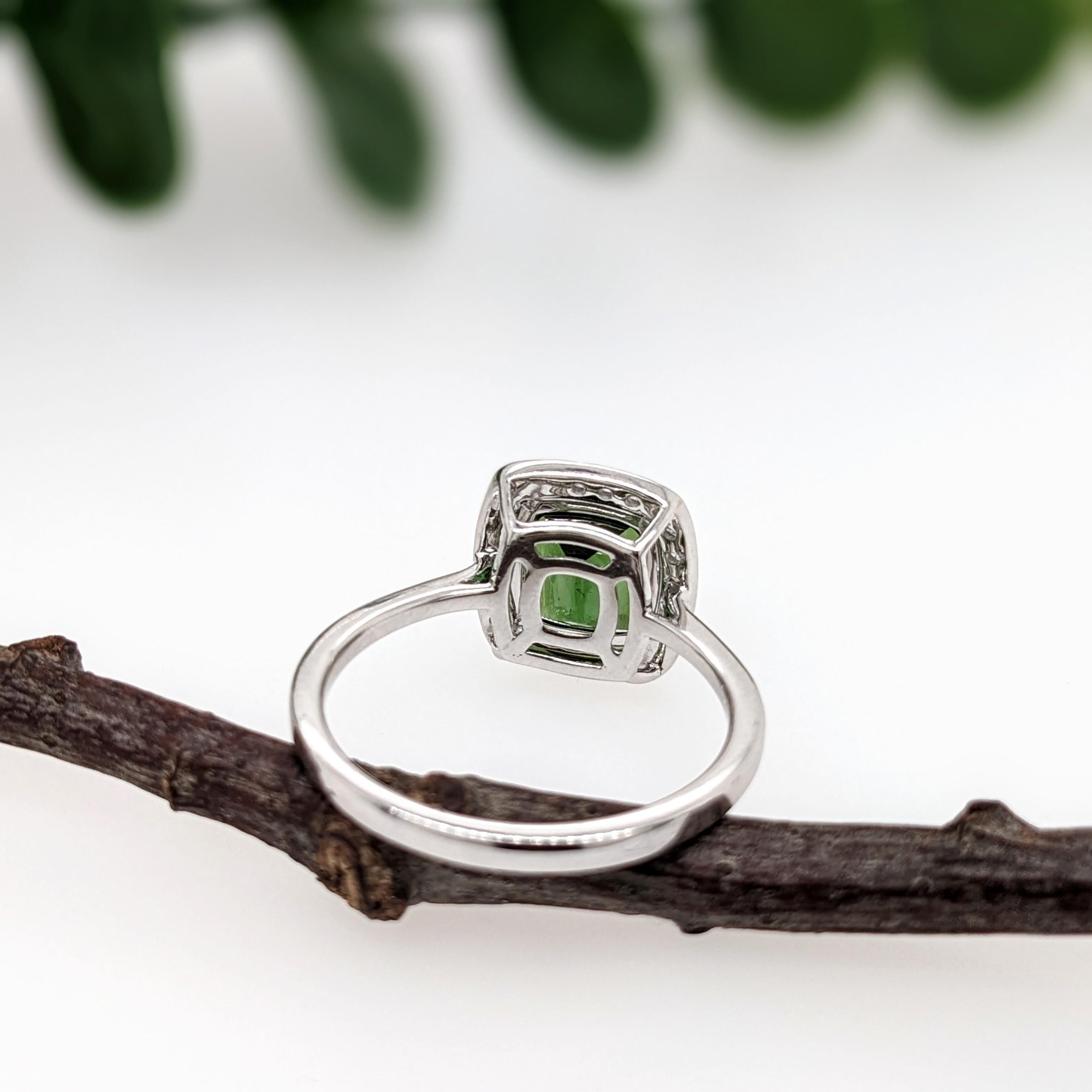 Cushion Cut Chrome Tourmaline Ring w Earth Mined Diamonds in Solid 14K Gold Cushion 8x7mm For Sale
