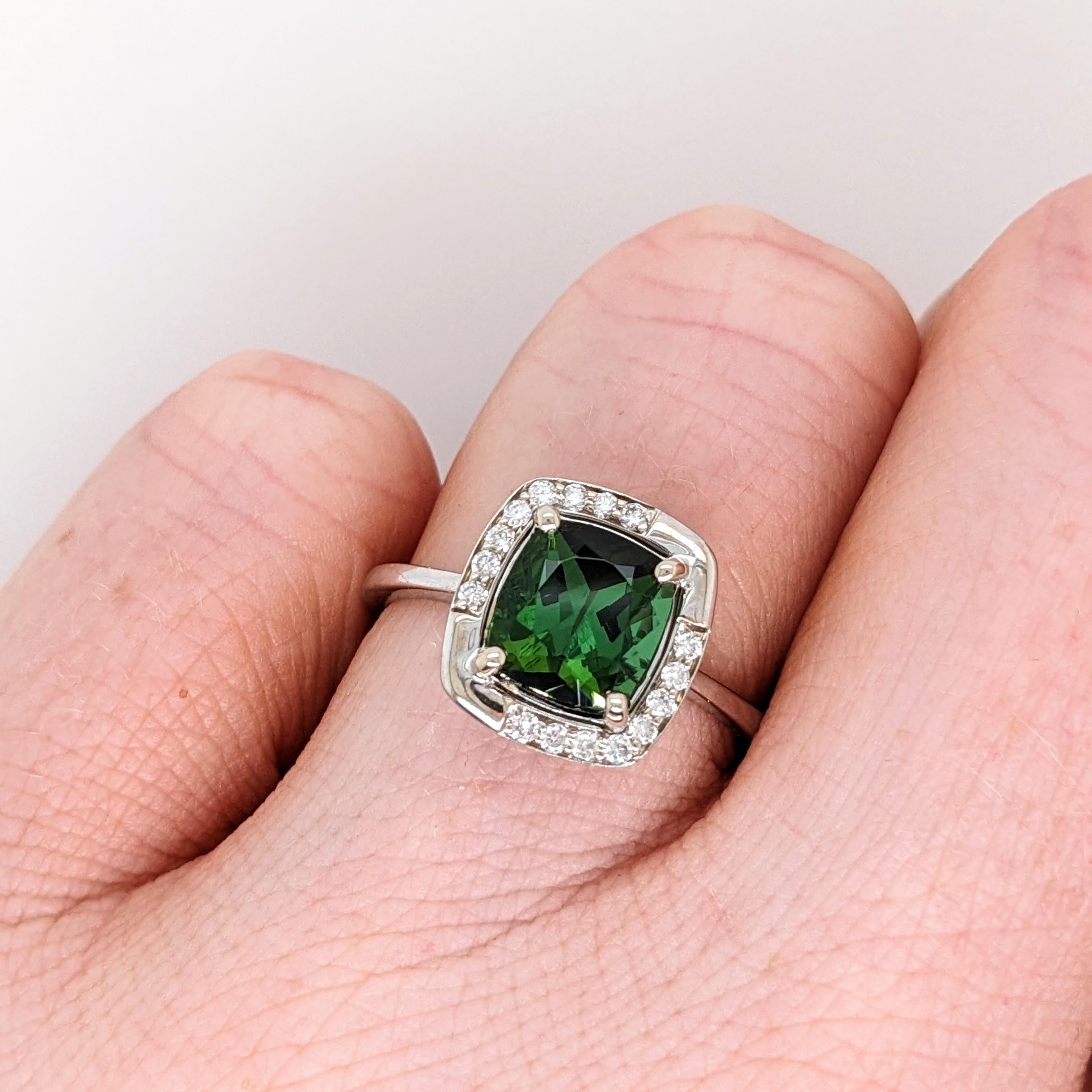 Chrome Tourmaline Ring w Earth Mined Diamonds in Solid 14K Gold Cushion 8x7mm For Sale 1