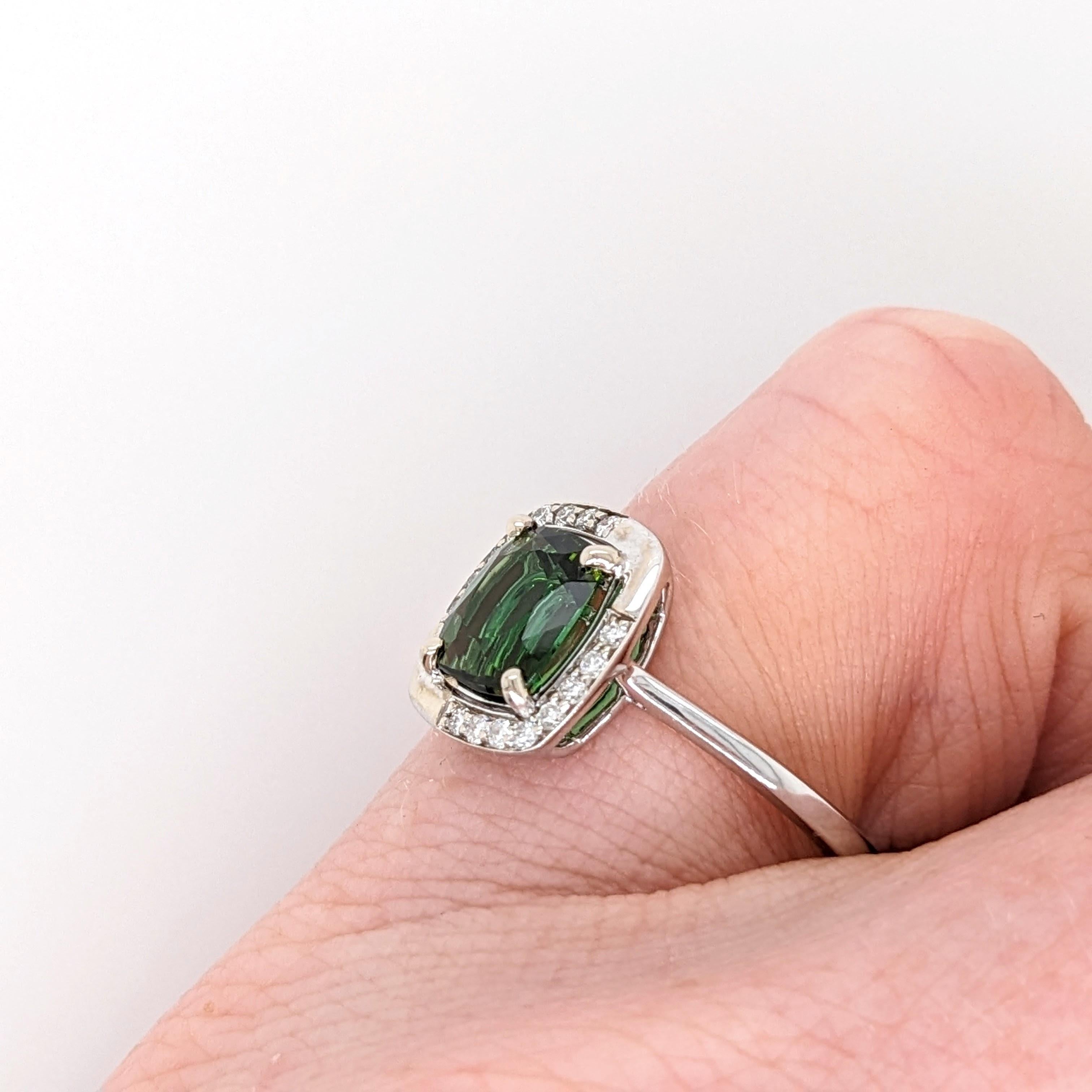 Chrome Tourmaline Ring w Earth Mined Diamonds in Solid 14K Gold Cushion 8x7mm For Sale 2