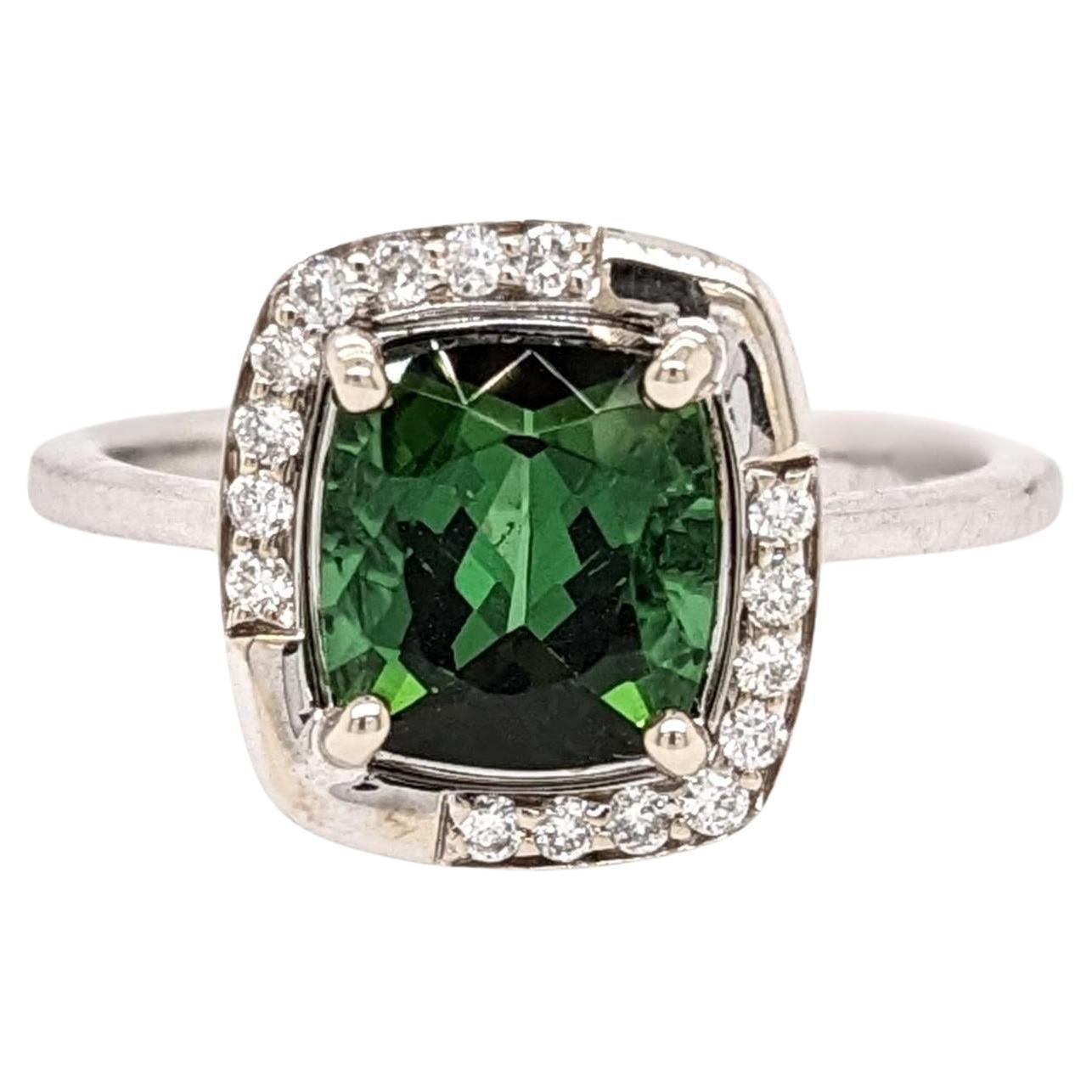Chrome Tourmaline Ring w Earth Mined Diamonds in Solid 14K Gold Cushion 8x7mm For Sale