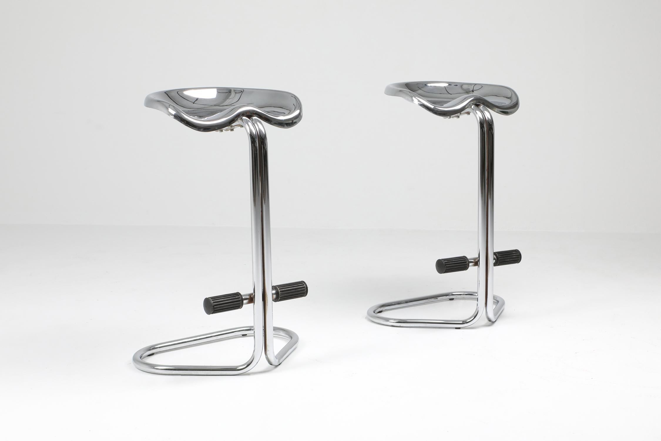 Postmodern stools designed by Rodney Kinsman for Italian manufacturer Bieffeplast in 1968.
A Tubular chromed steel base mounted with a chromed steel tractor seat make up this fun and exclusive stool.
A very iconic piece and in great condition.