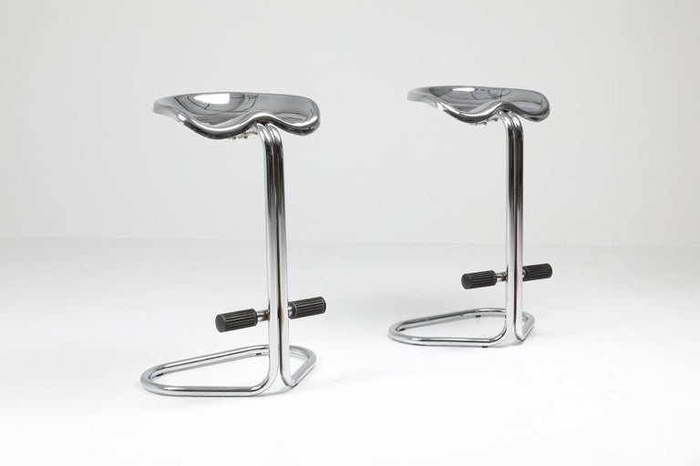 Postmodern stools designed by Rodney Kinsman for Italian manufacturer Bieffeplast in 1968.
A Tubular chromed steel base mounted with a chromed steel tractor seat make up this fun and exclusive stool.
A very iconic piece and in great condition.