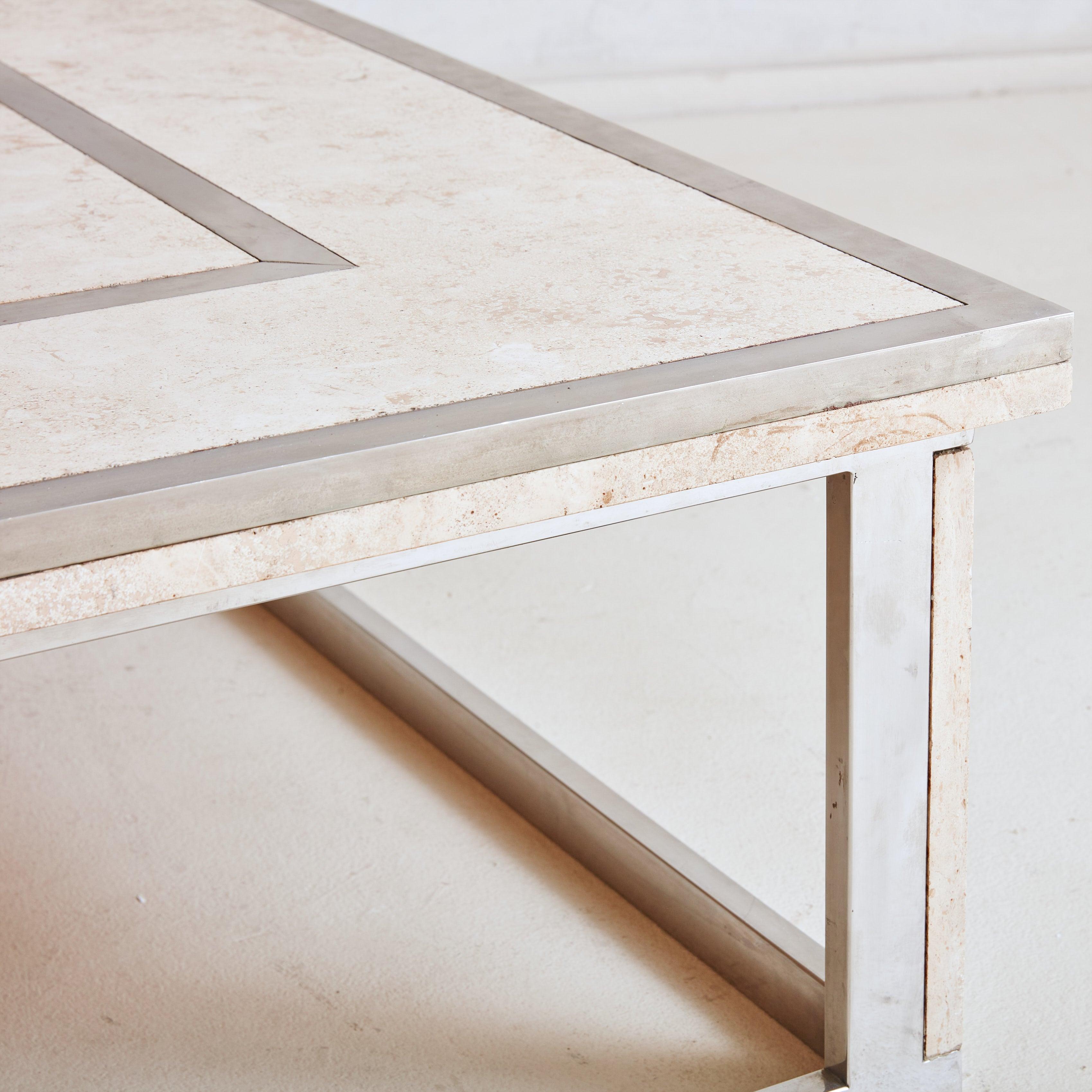 Modern Chrome + Travertine Square Coffee Table, France 1970s For Sale