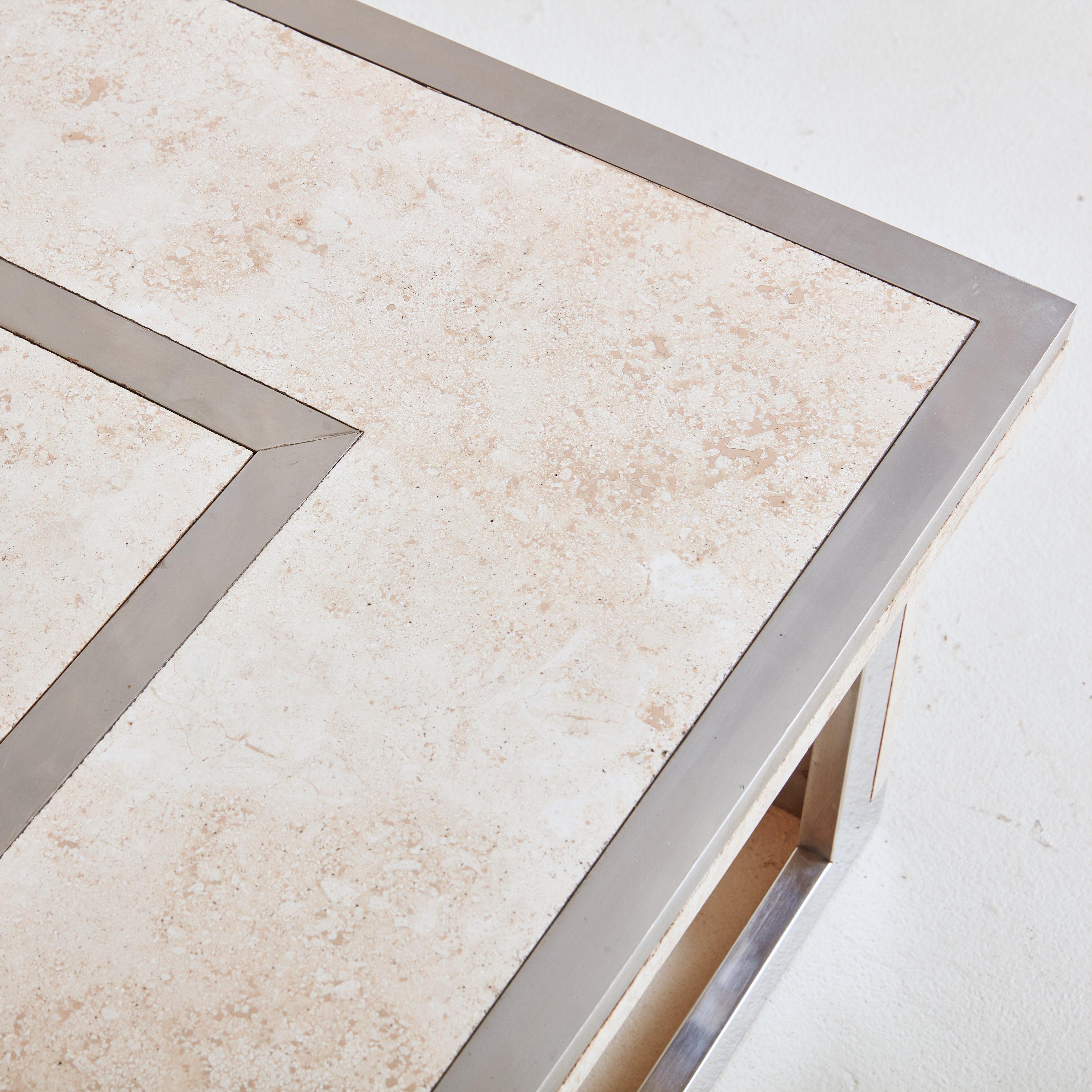 French Chrome + Travertine Square Coffee Table, France 1970s For Sale