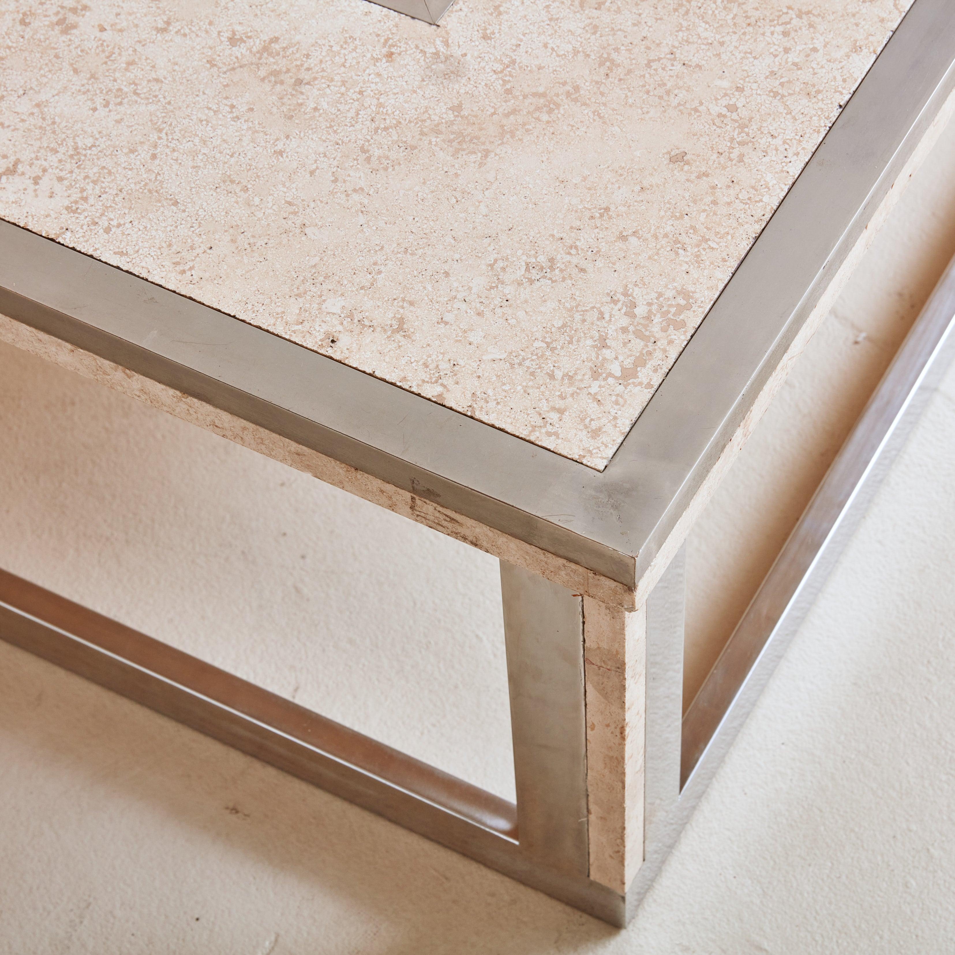 Chrome + Travertine Square Coffee Table, France 1970s In Good Condition For Sale In Chicago, IL