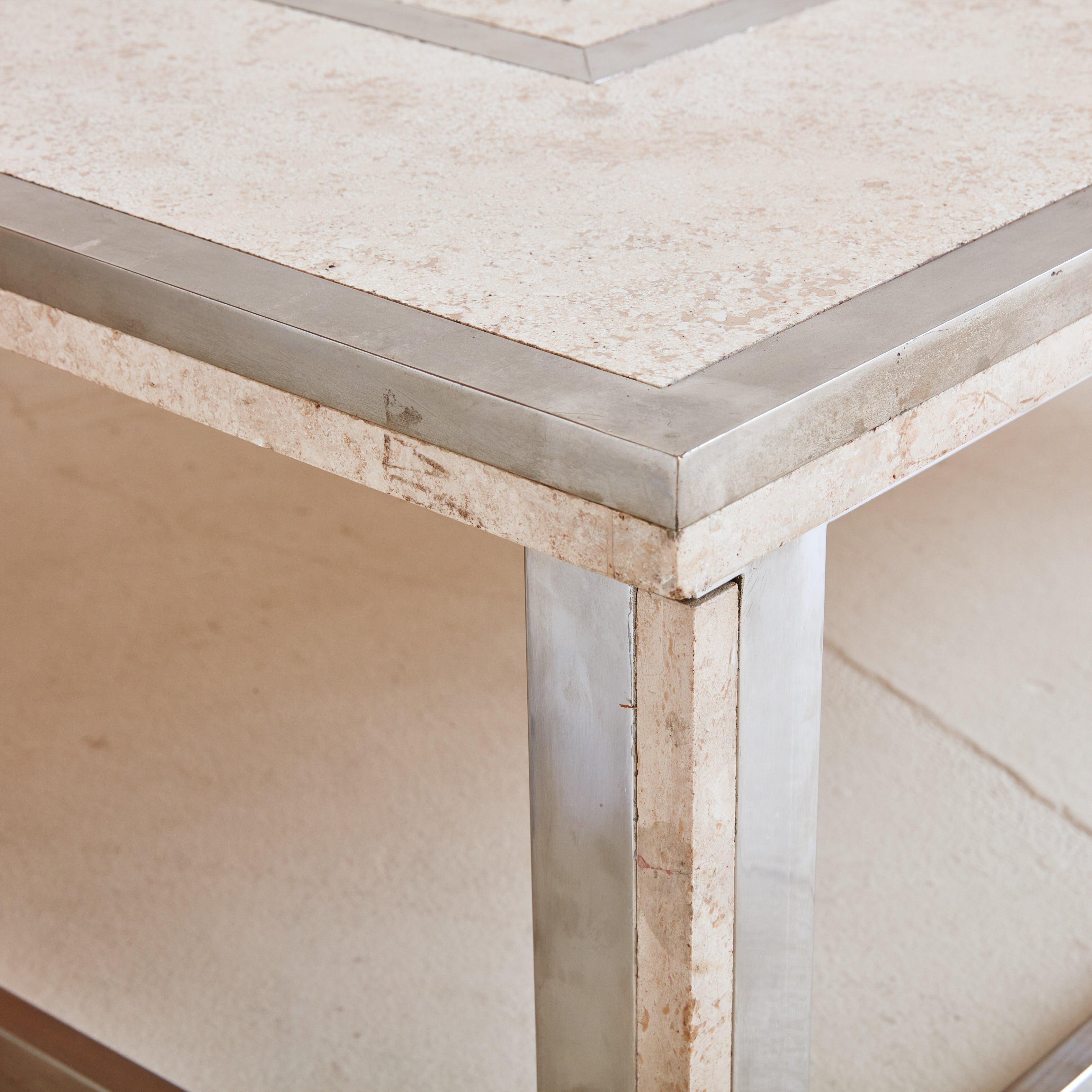 Chrome + Travertine Square Coffee Table, France 1970s For Sale 1