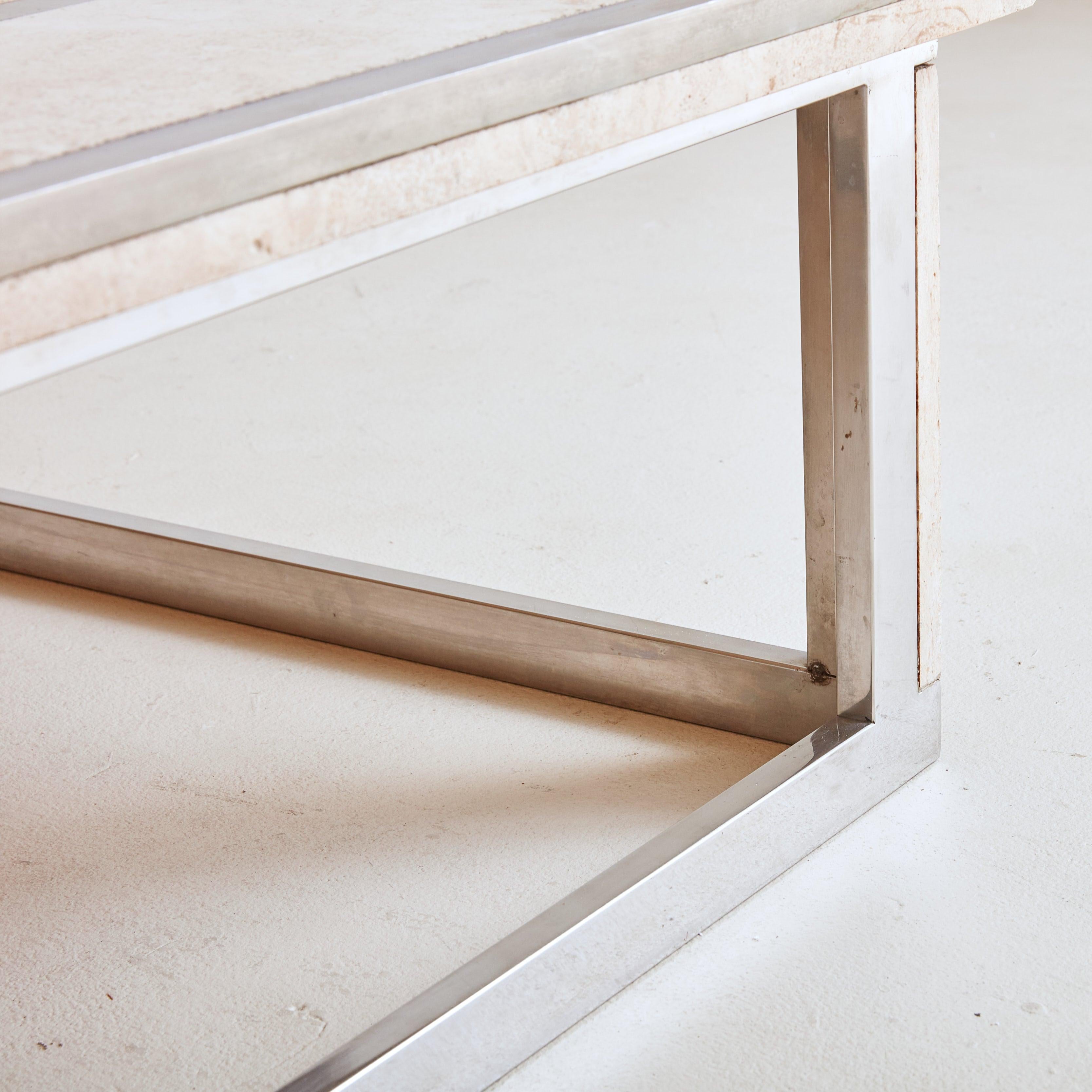 Chrome + Travertine Square Coffee Table, France 1970s For Sale 3