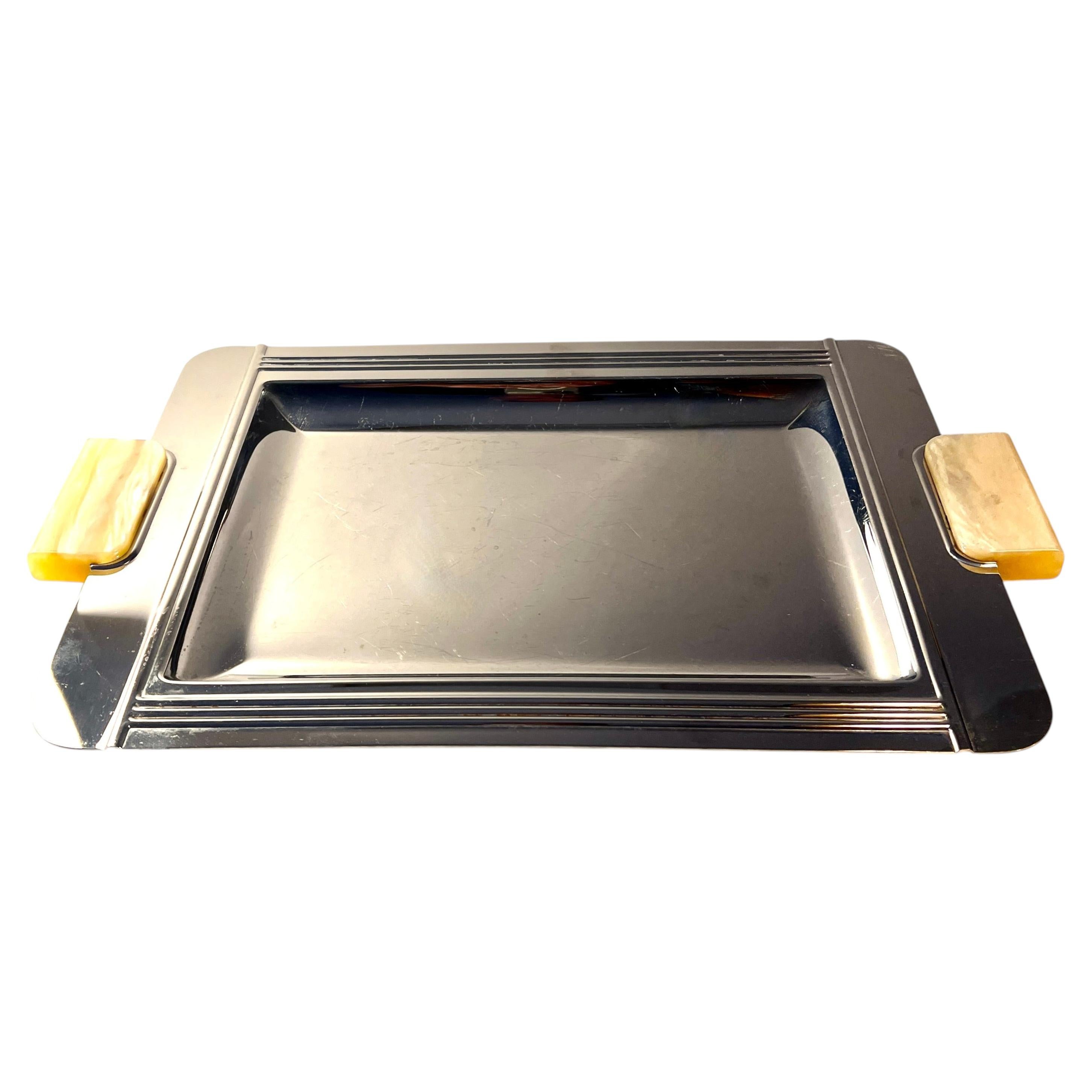 Chrome Tray with Alabaster Look Handles with Ridge Detailing