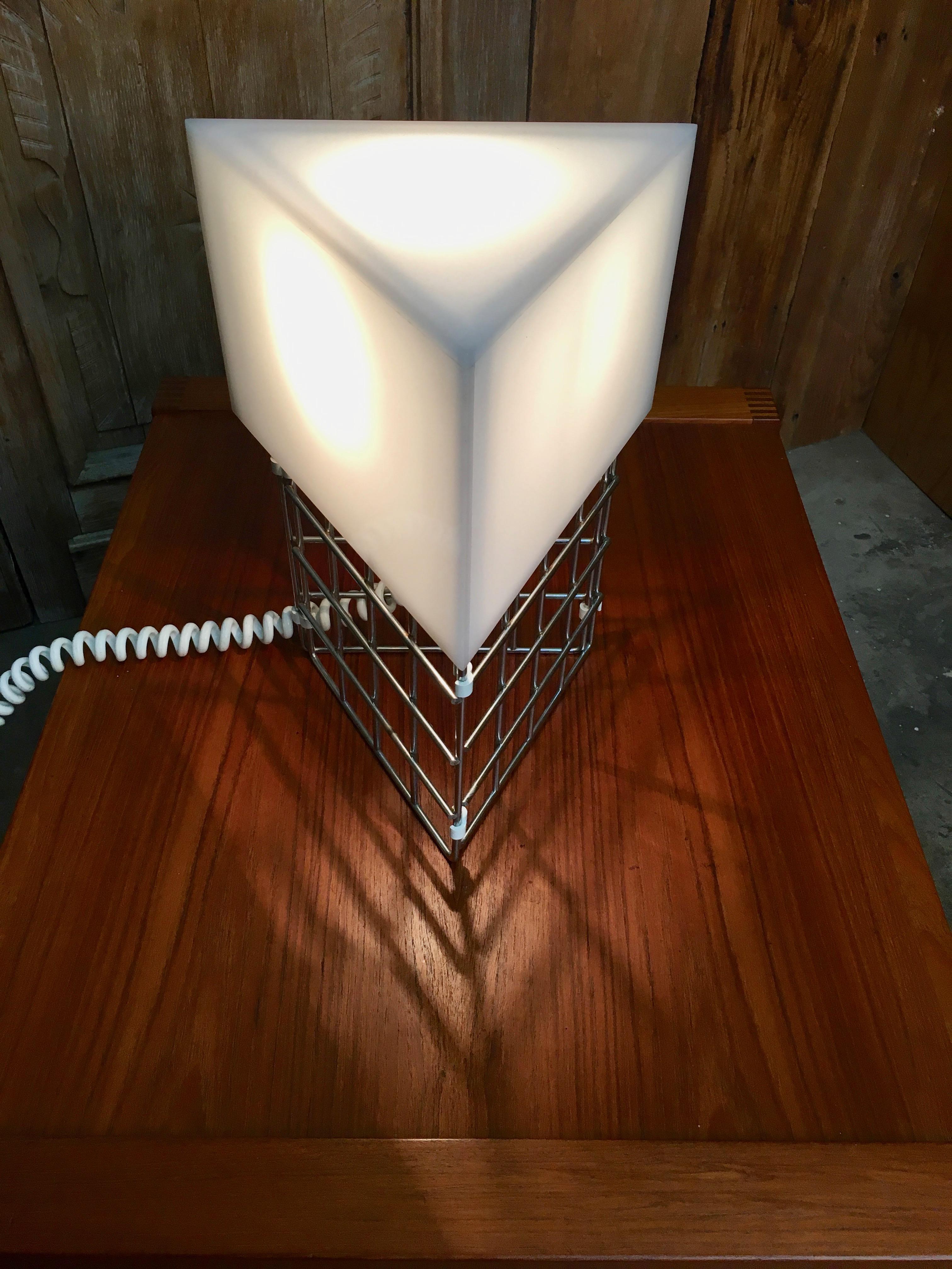 Chrome Triangle Cage Lamp with White Acrylic Shade 6