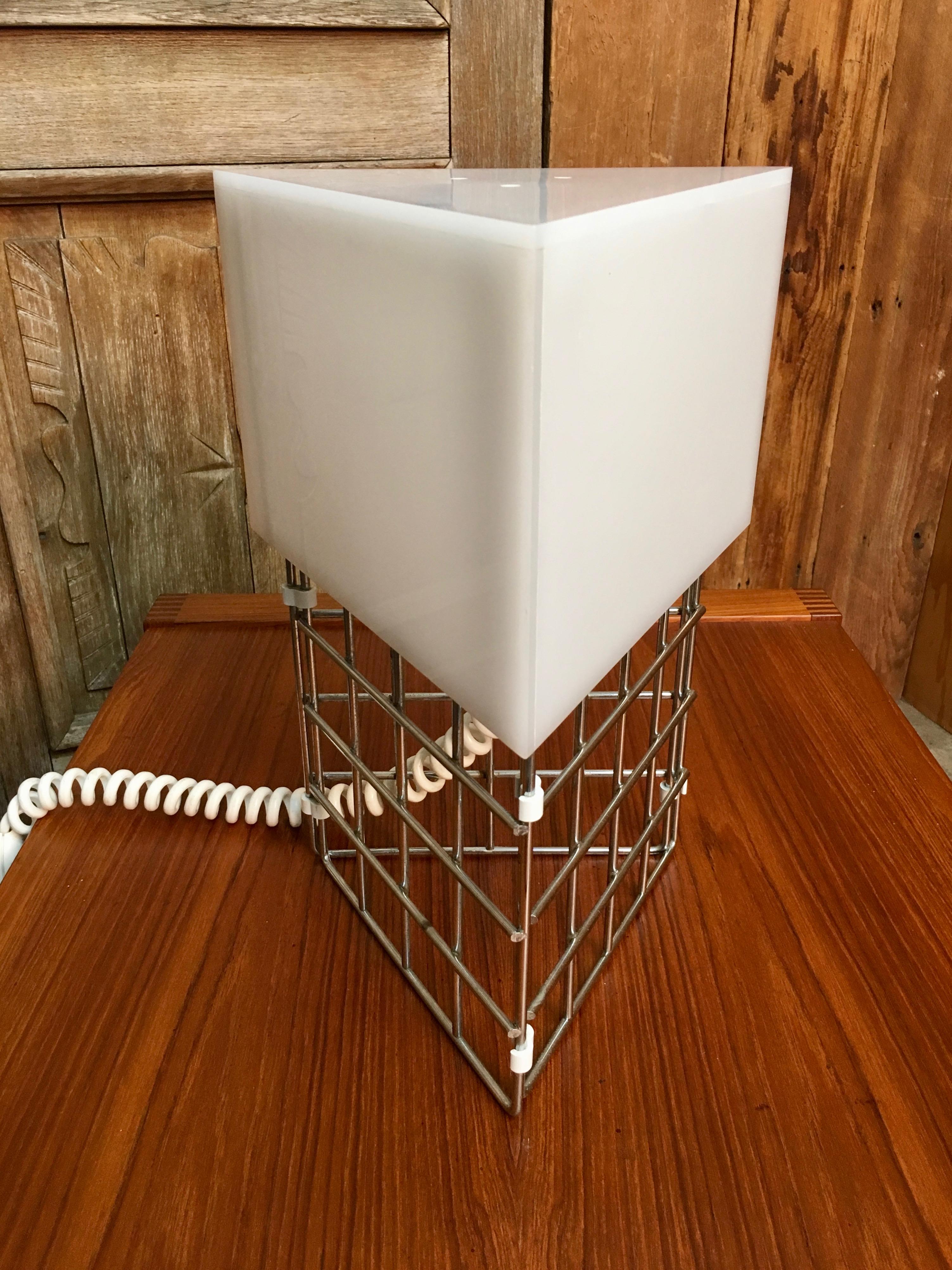 Mid-Century Modern Chrome Triangle Cage Lamp with White Acrylic Shade