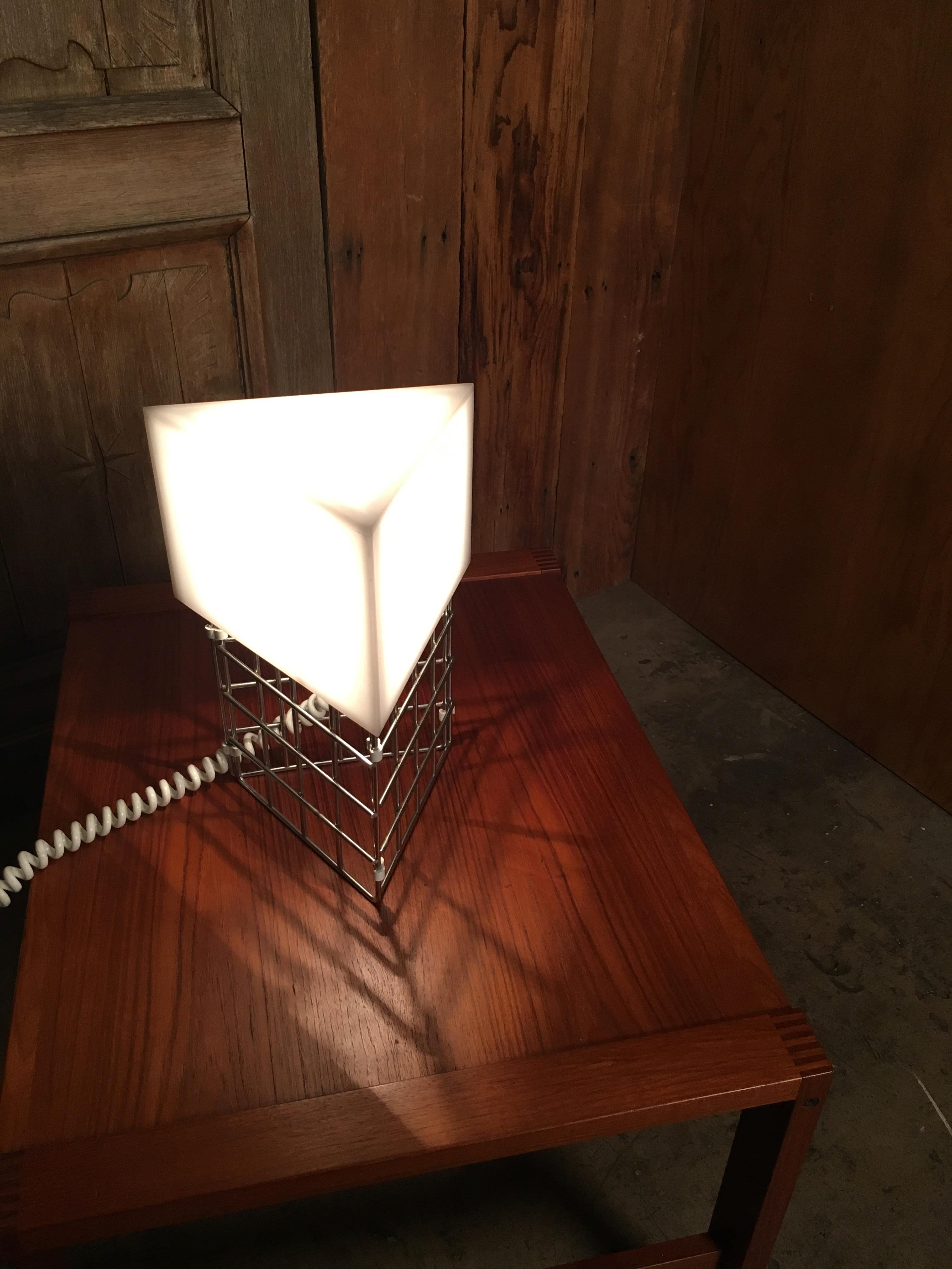 Chrome Triangle Cage Lamp with White Acrylic Shade In Good Condition In Denton, TX