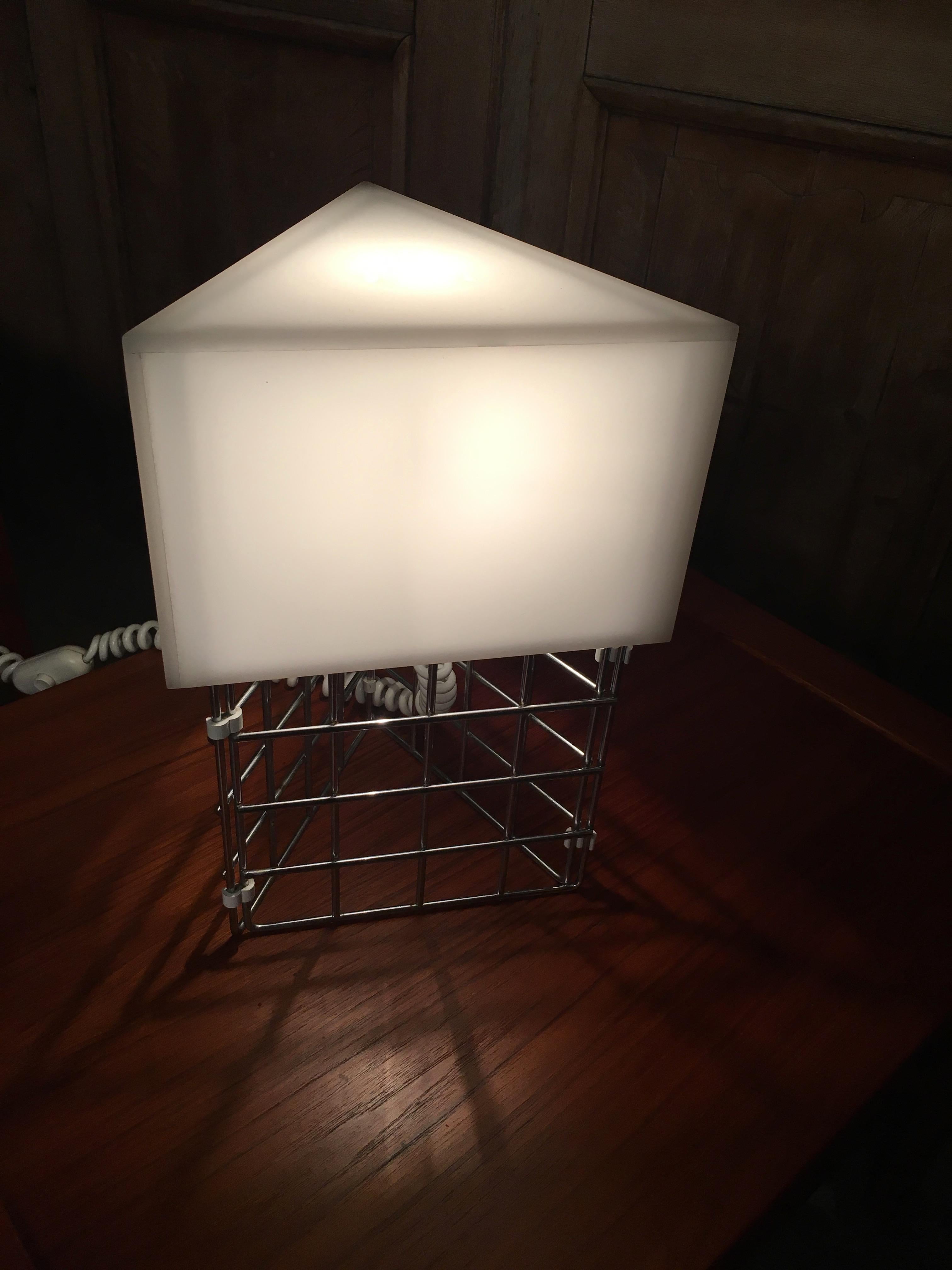 Chrome Triangle Cage Lamp with White Acrylic Shade 2