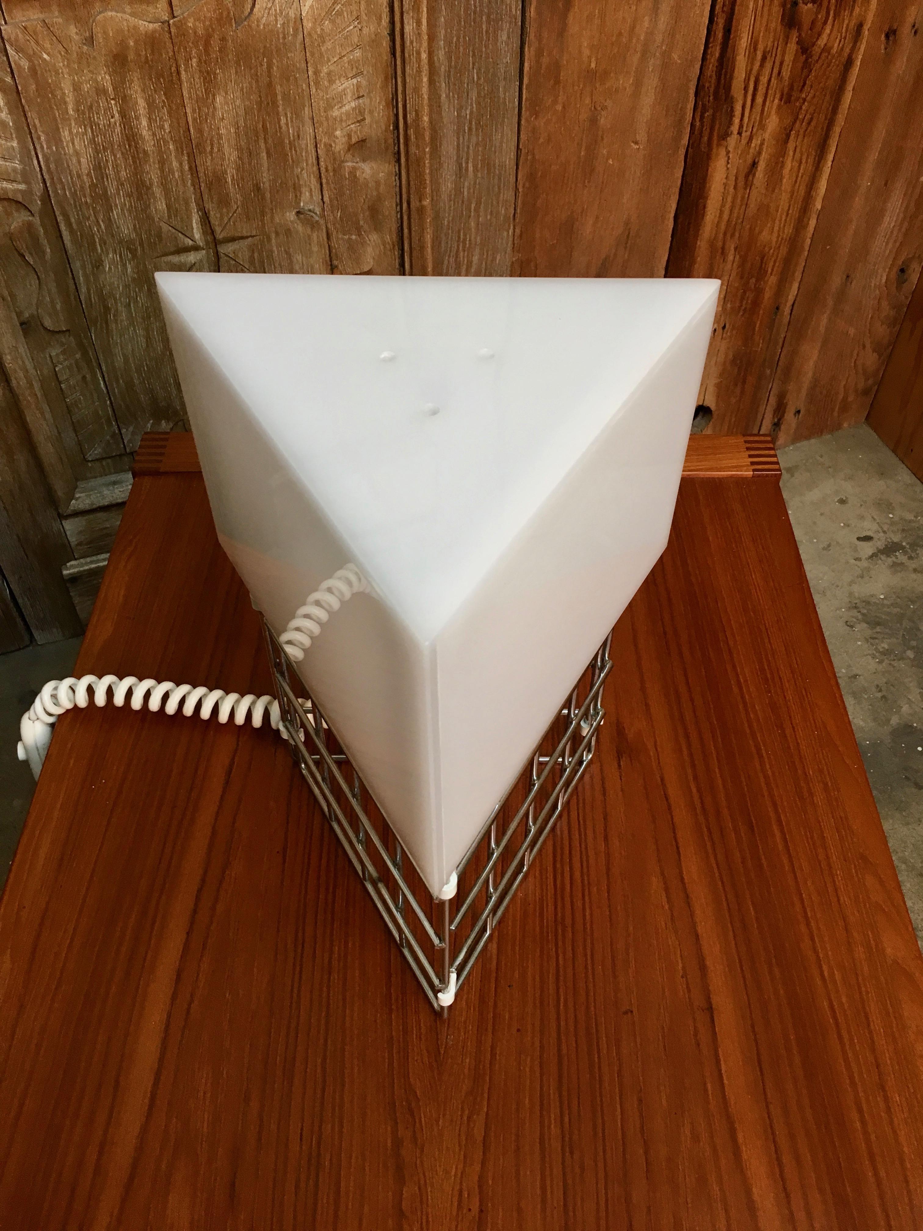 Chrome Triangle Cage Lamp with White Acrylic Shade 3
