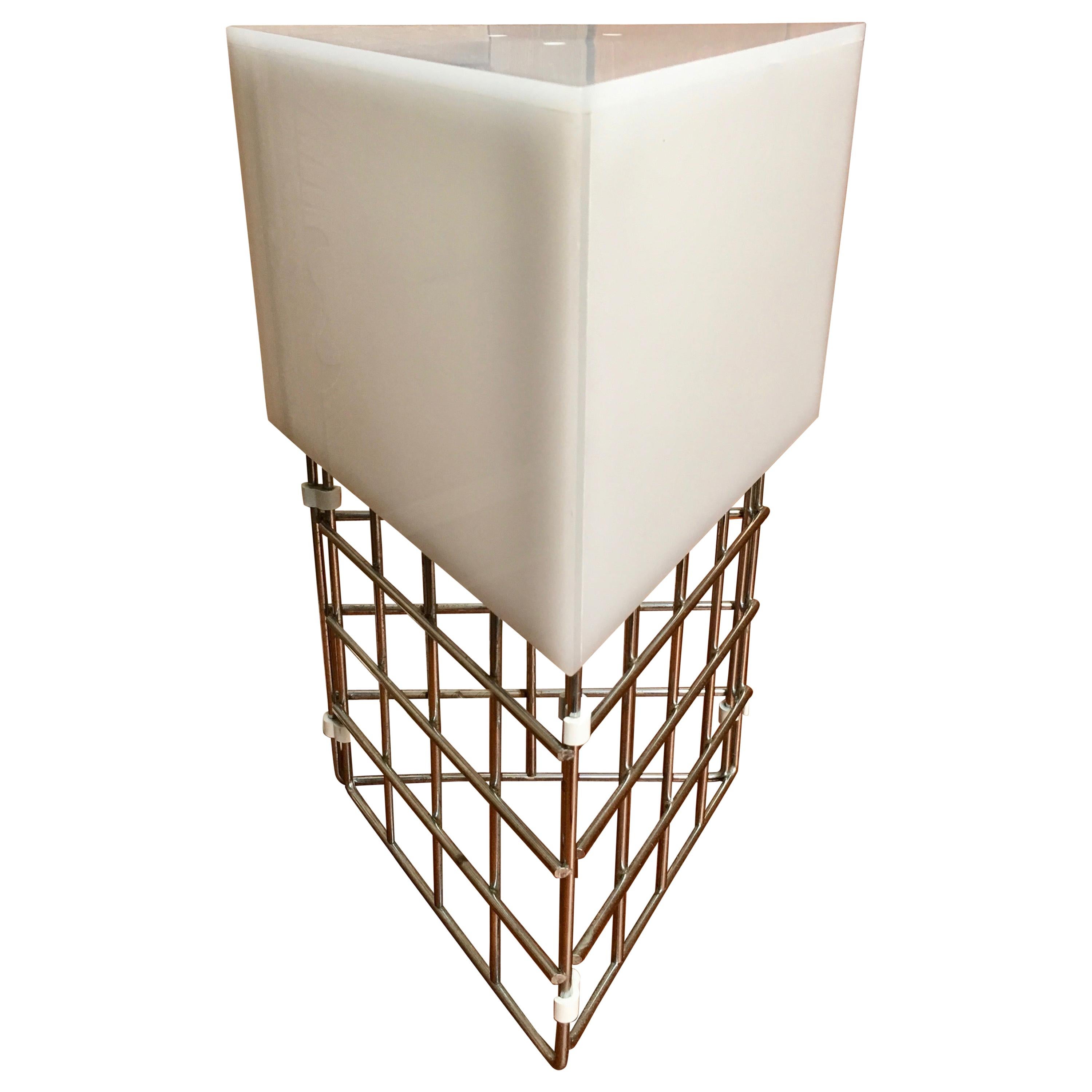 Chrome Triangle Cage Lamp with White Acrylic Shade