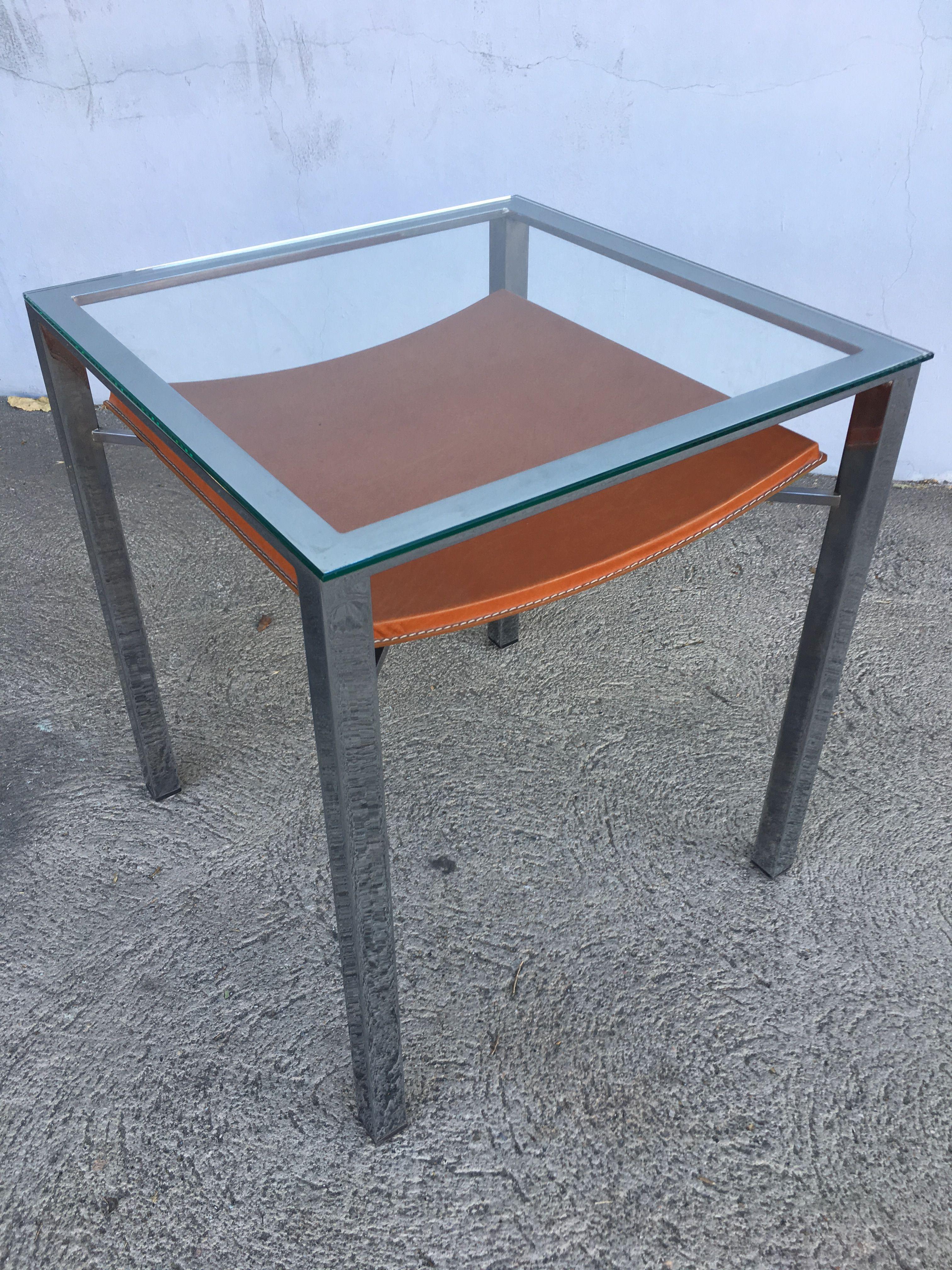 Chrome Tubular Glass Top Side Table with Leather Wrapped Magazine Rack In Excellent Condition For Sale In Van Nuys, CA