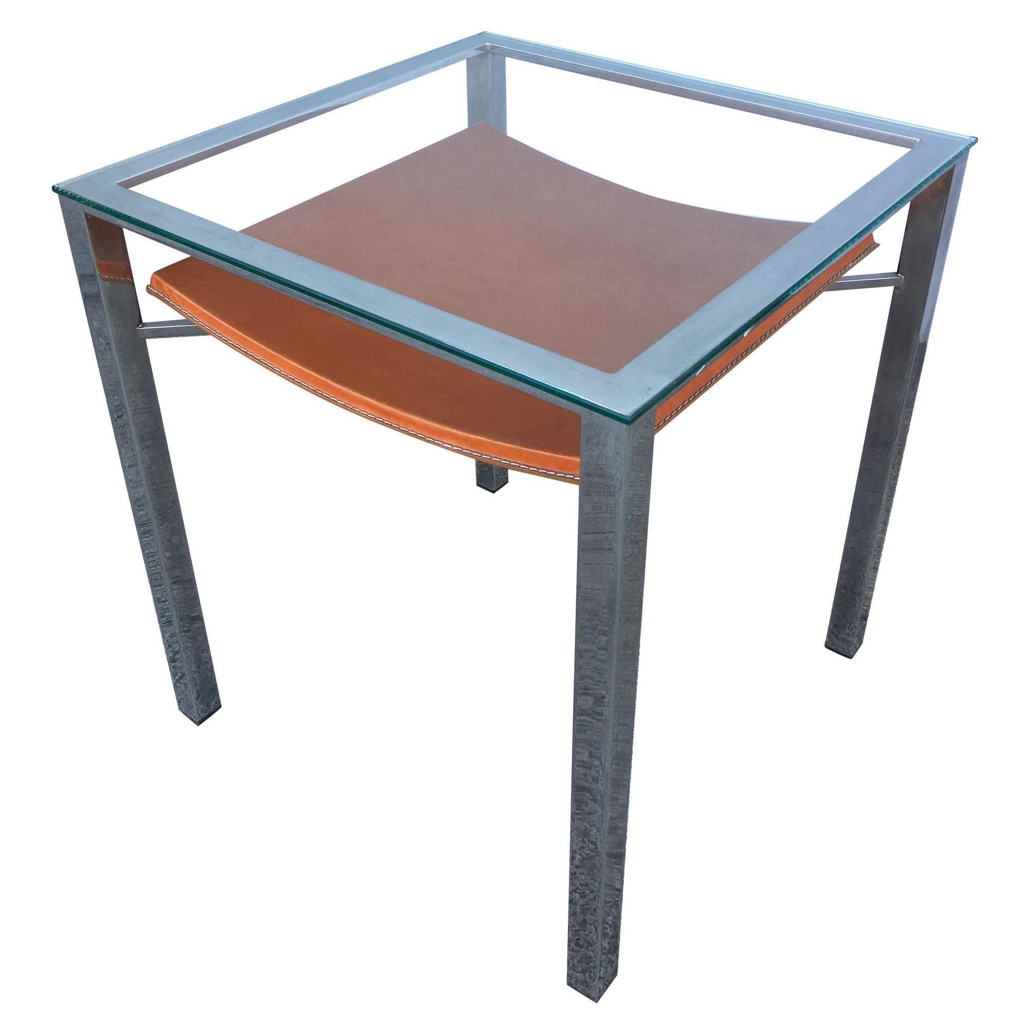 Chrome Tubular Glass Top Side Table with Leather Wrapped Magazine Rack In Excellent Condition For Sale In Van Nuys, CA