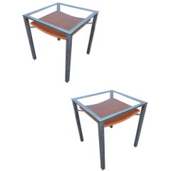 Table d'appoint chromée à plateau en verre tubulaire avec porte-revues enveloppé de cuir
