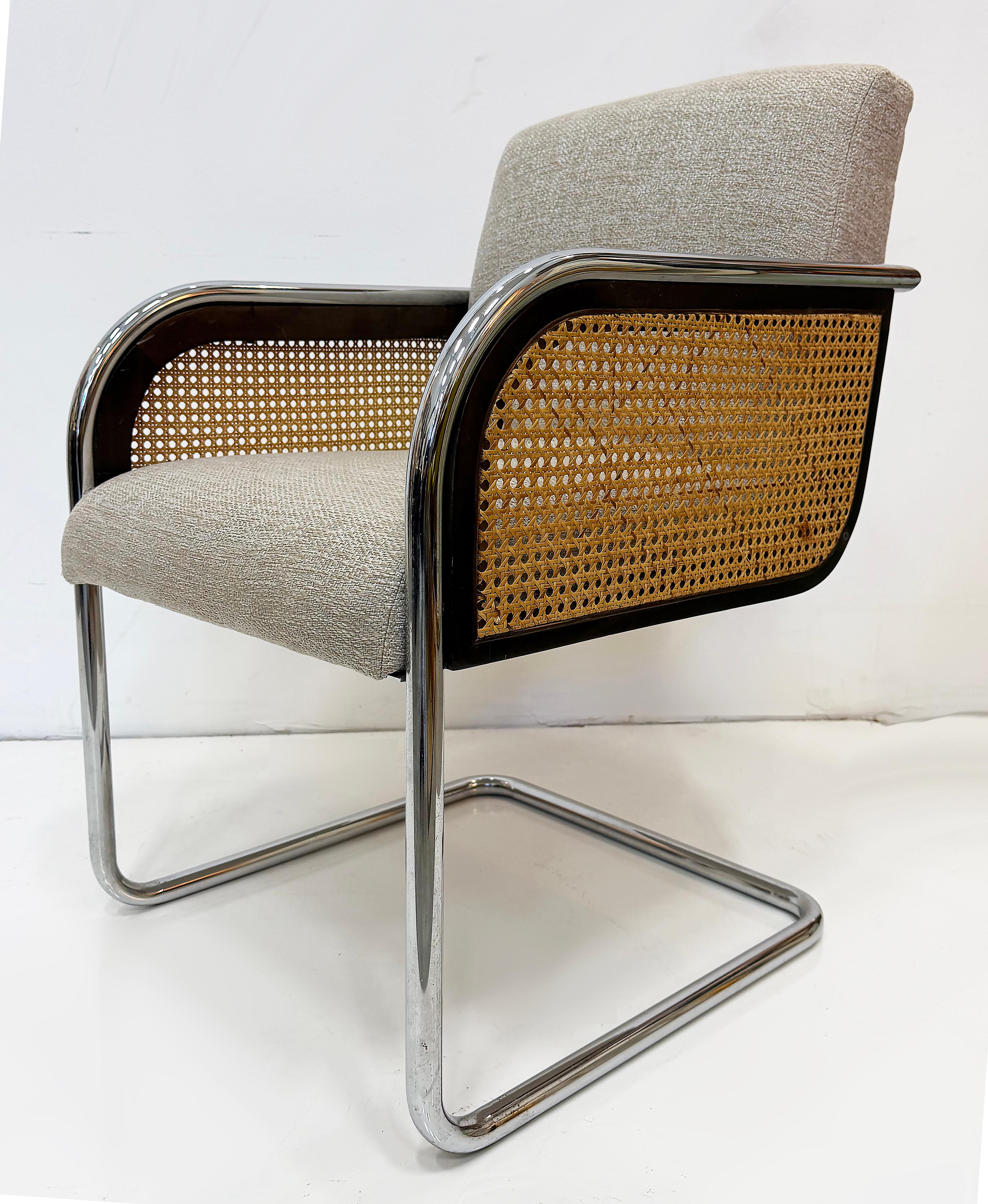 Mid-Century Modern Chrome Upholstered Cane Cantilever Armchairs, Thonet Attributed, Pair For Sale