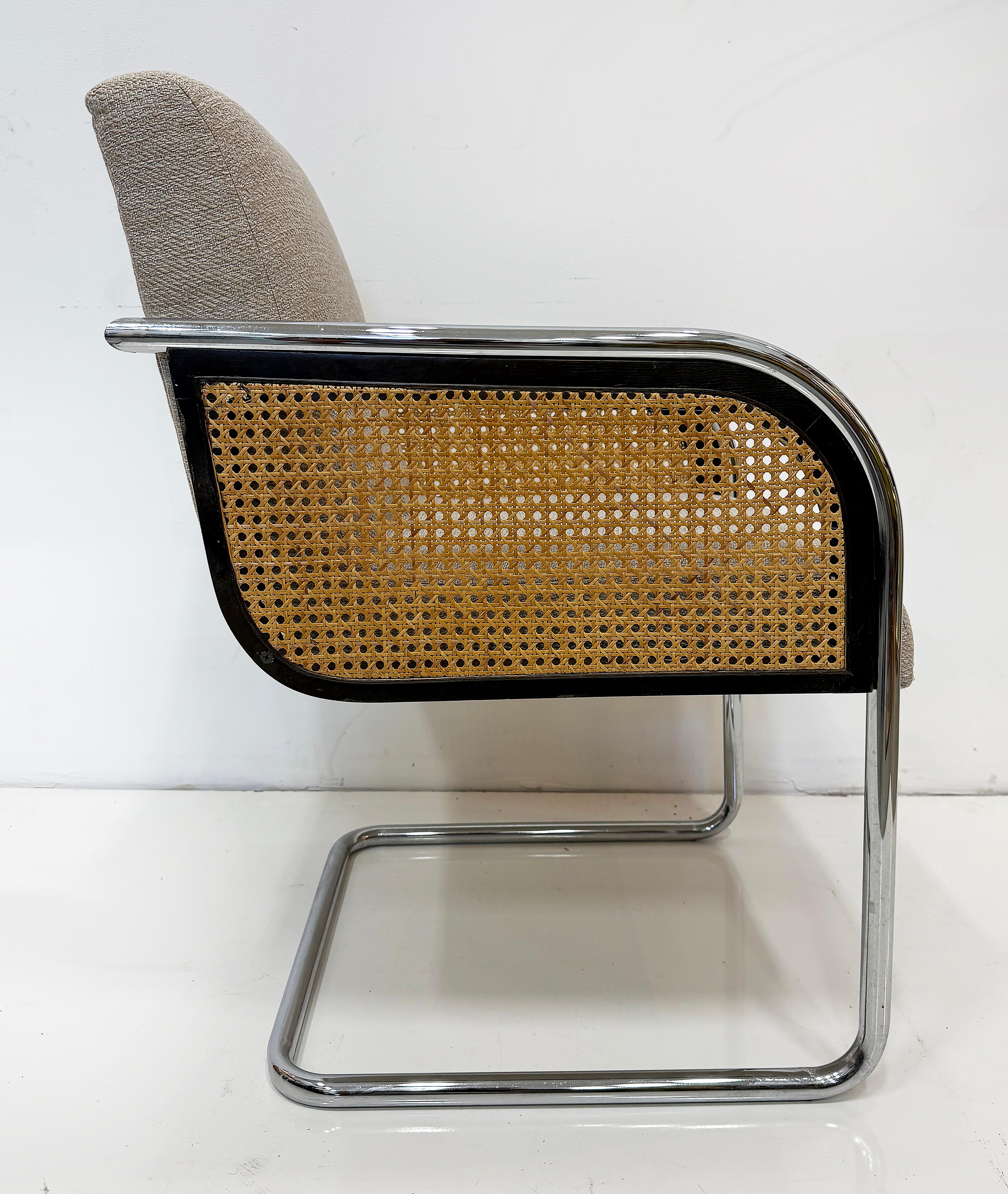 Painted Chrome Upholstered Cane Cantilever Armchairs, Thonet Attributed, Pair For Sale