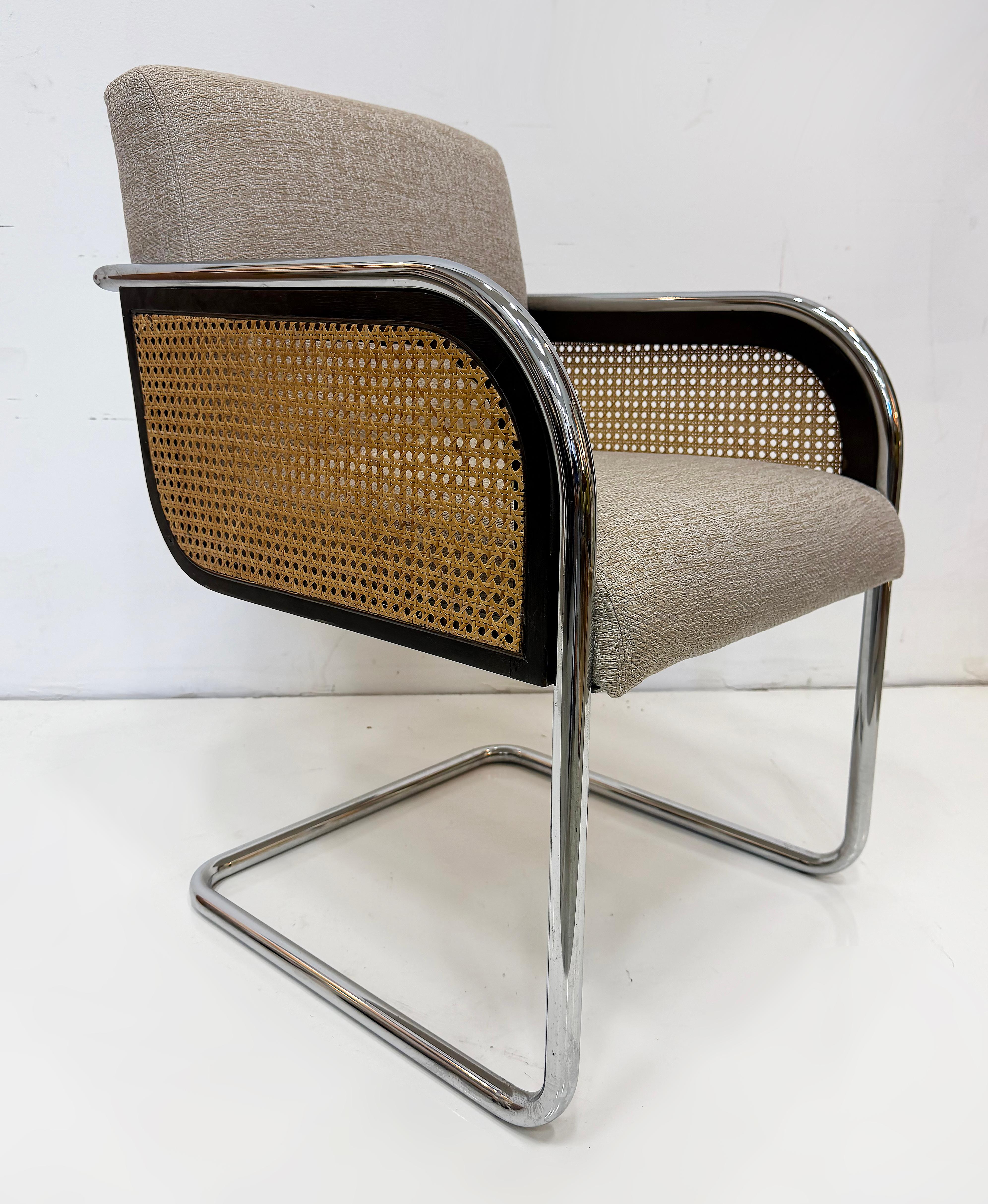 Chrome Upholstered Cane Cantilever Armchairs, Thonet Attributed, Pair In Good Condition For Sale In Miami, FL