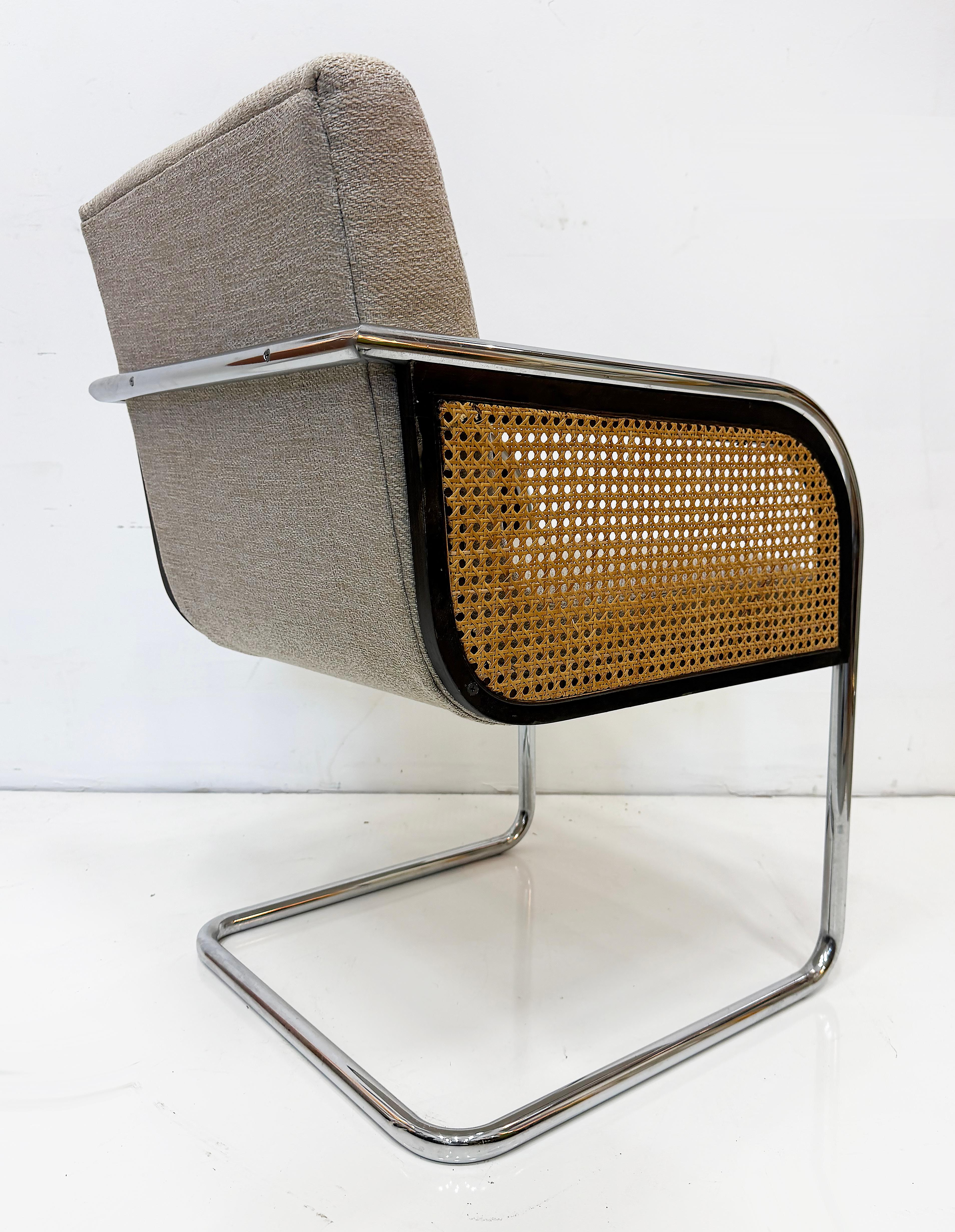 20th Century Chrome Upholstered Cane Cantilever Armchairs, Thonet Attributed, Pair For Sale