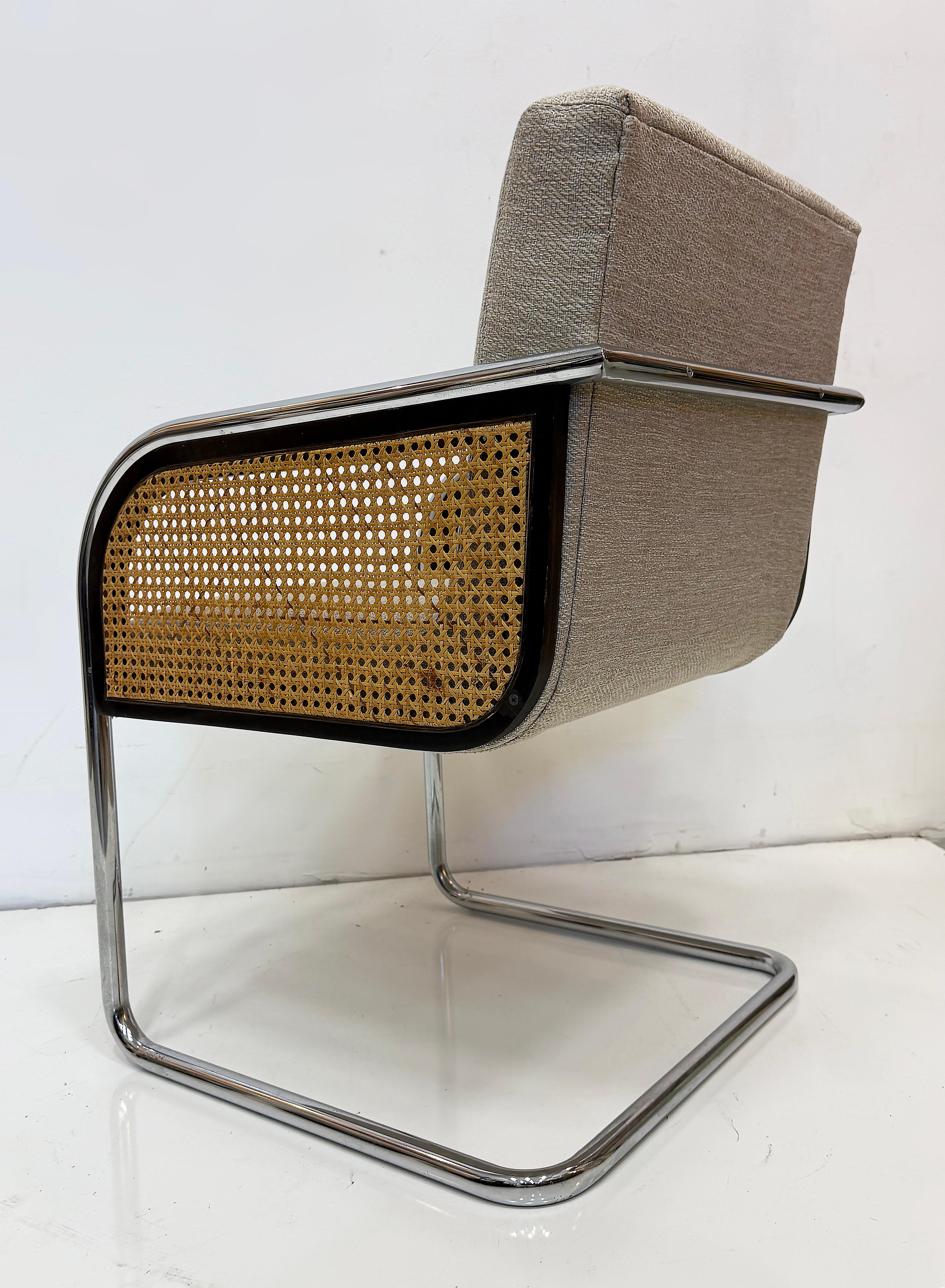 Chrome Upholstered Cane Cantilever Armchairs, Thonet Attributed, Pair For Sale 1