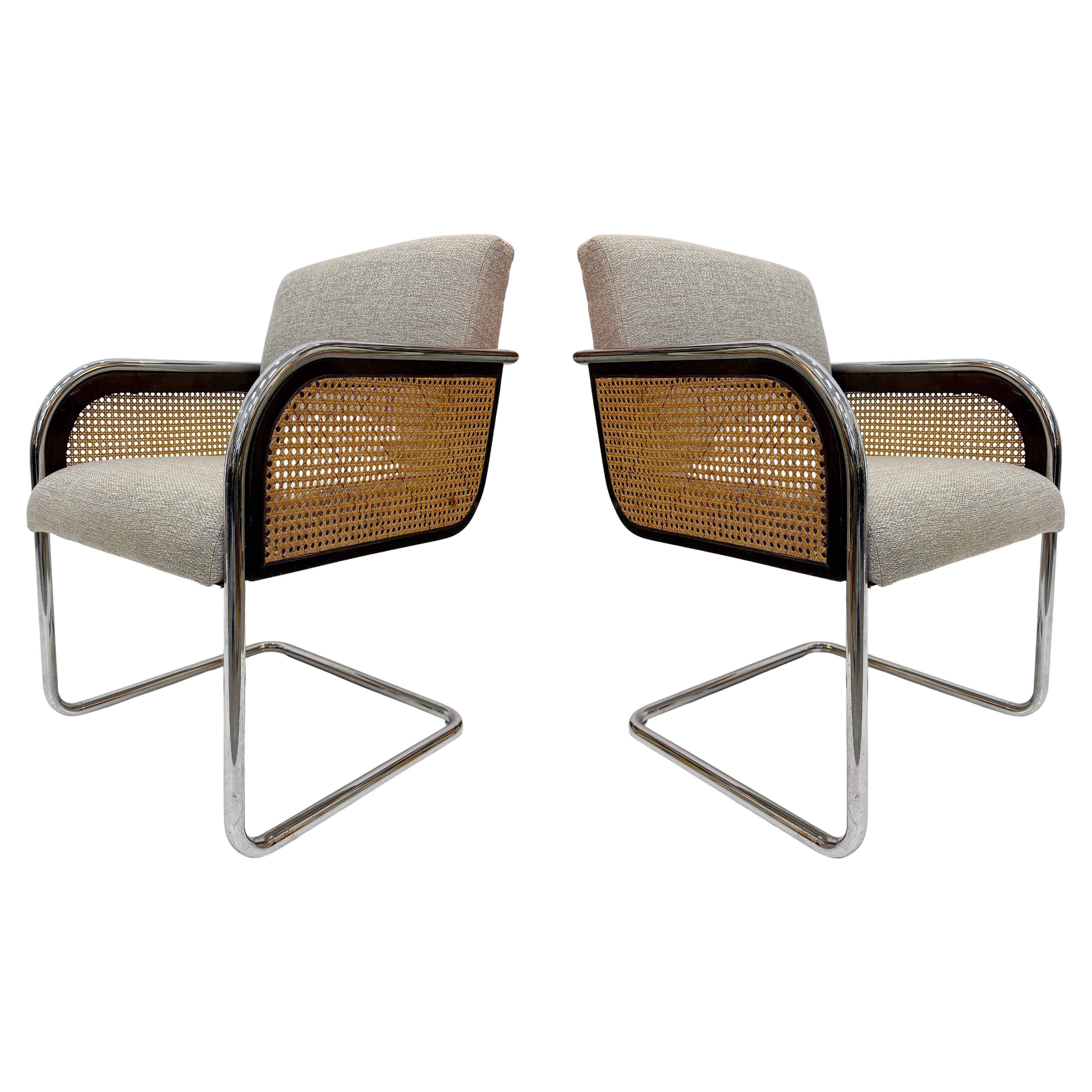 Chrome Upholstered Cane Cantilever Armchairs, Thonet Attributed, Pair For Sale