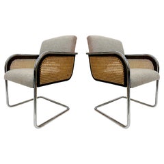 Chrome Upholstered Cane Cantilever Armchairs, Thonet Attributed, Pair
