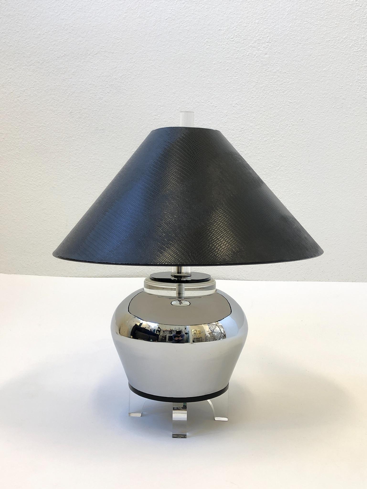 Polished Chrome Urn and Lucite Table Lamp