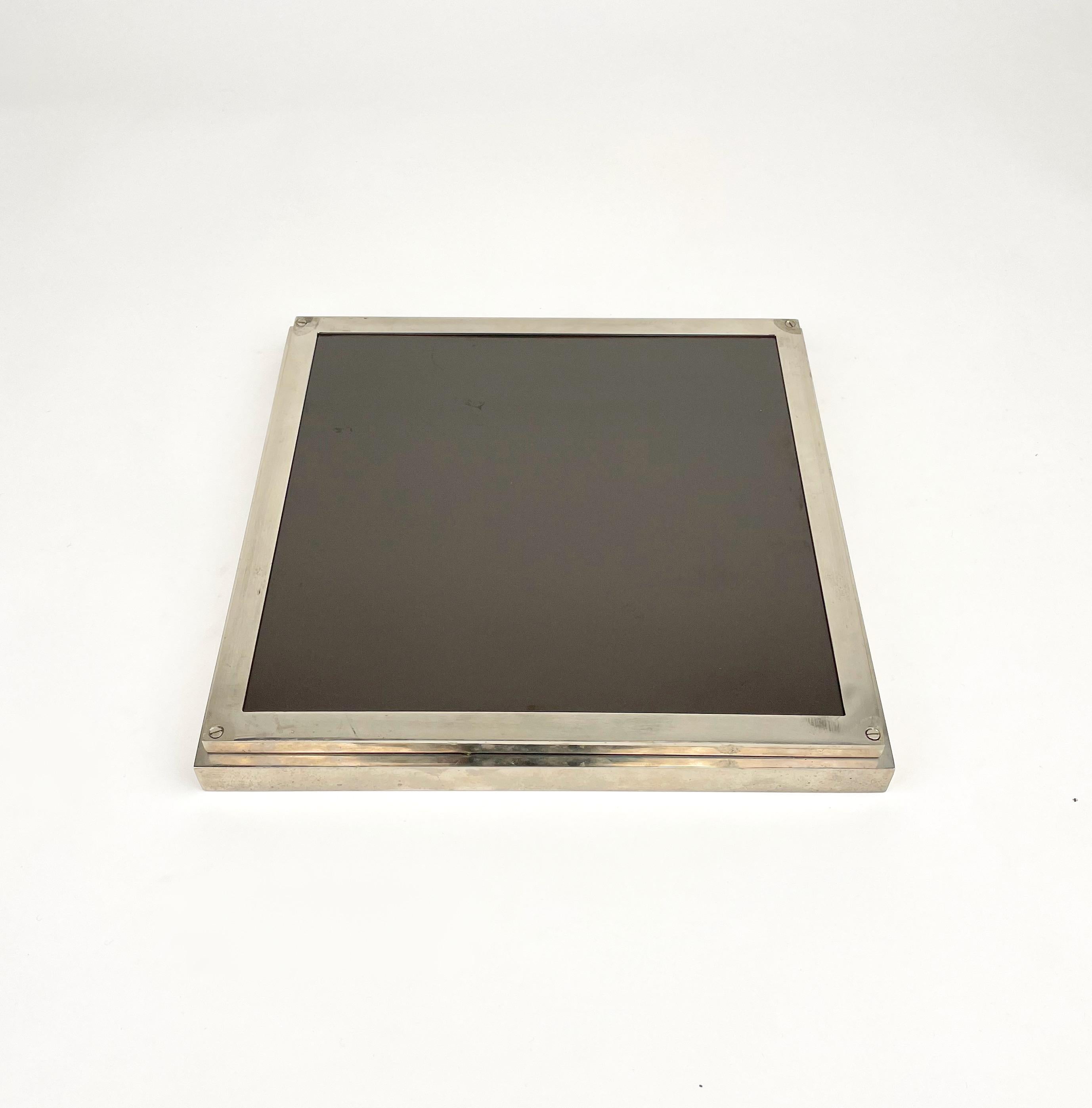 Chrome, Wood and Glass Squared Pocket Emptier Centerpiece, Italy, 1970s For Sale 3