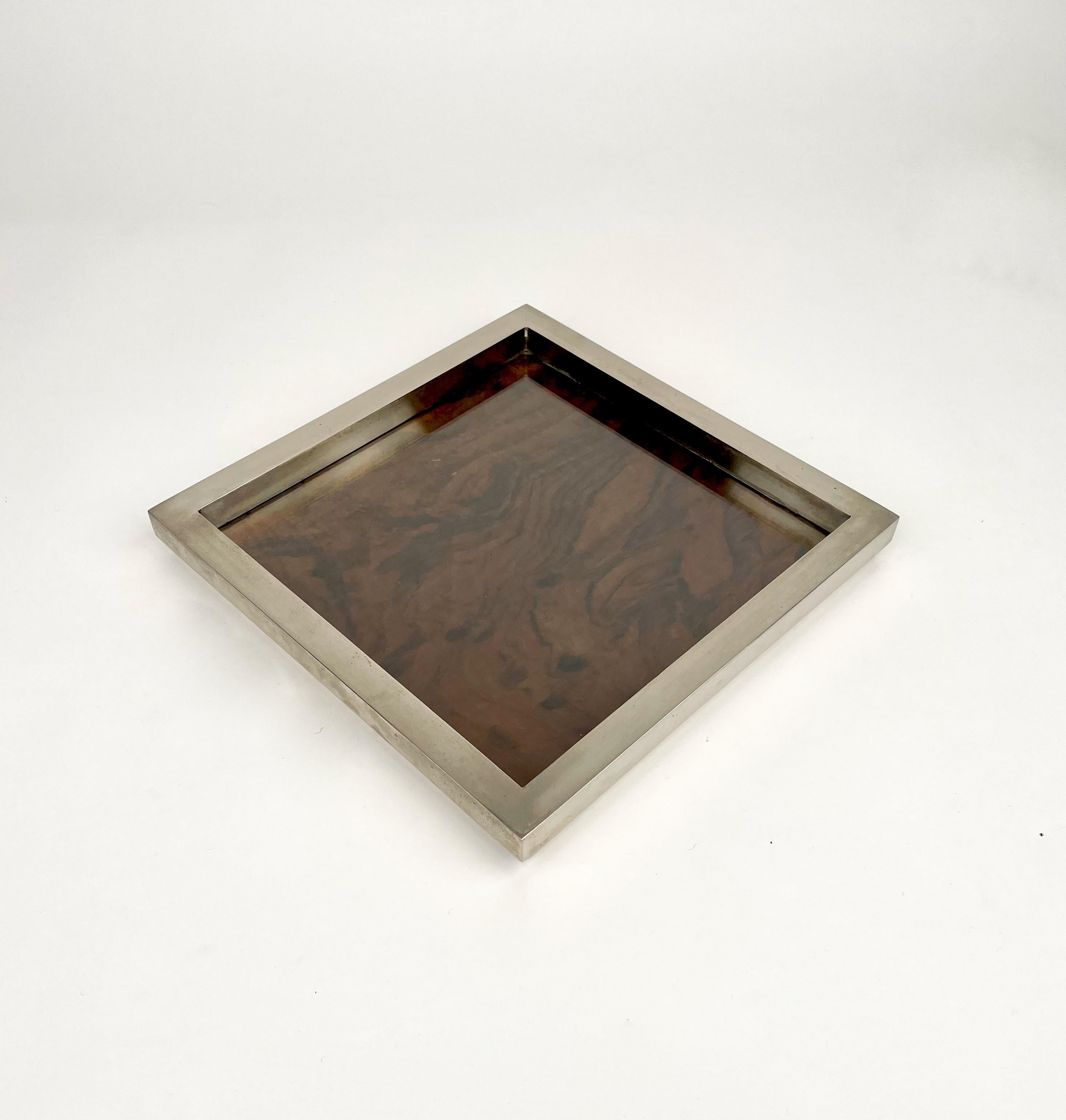 Italian Chrome, Wood and Glass Squared Pocket Emptier Centerpiece, Italy, 1970s For Sale
