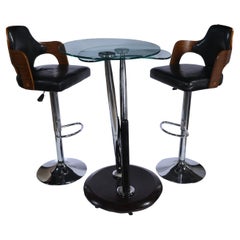 Chrome, Wood and Glass Swivel and Expanding High Top Table with Four Bar Stools