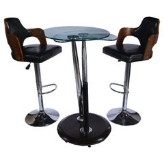 Chrome, Wood and Glass Swivel and Expanding High Top Table with Four Bar Stools