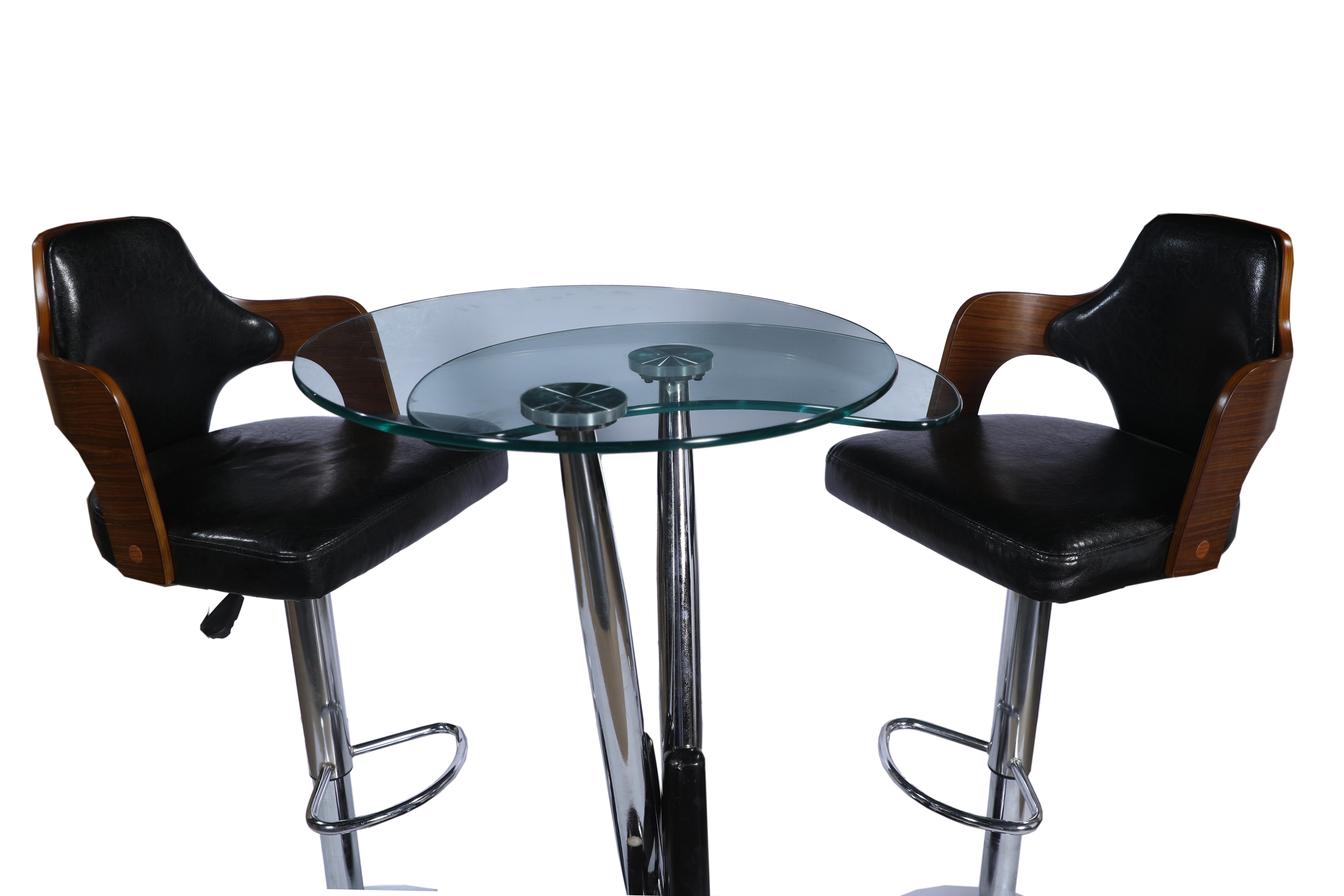 Post-Modern Chrome, Wood and Glass Swivel and Expanding High Top Table with Four Bar Stools For Sale