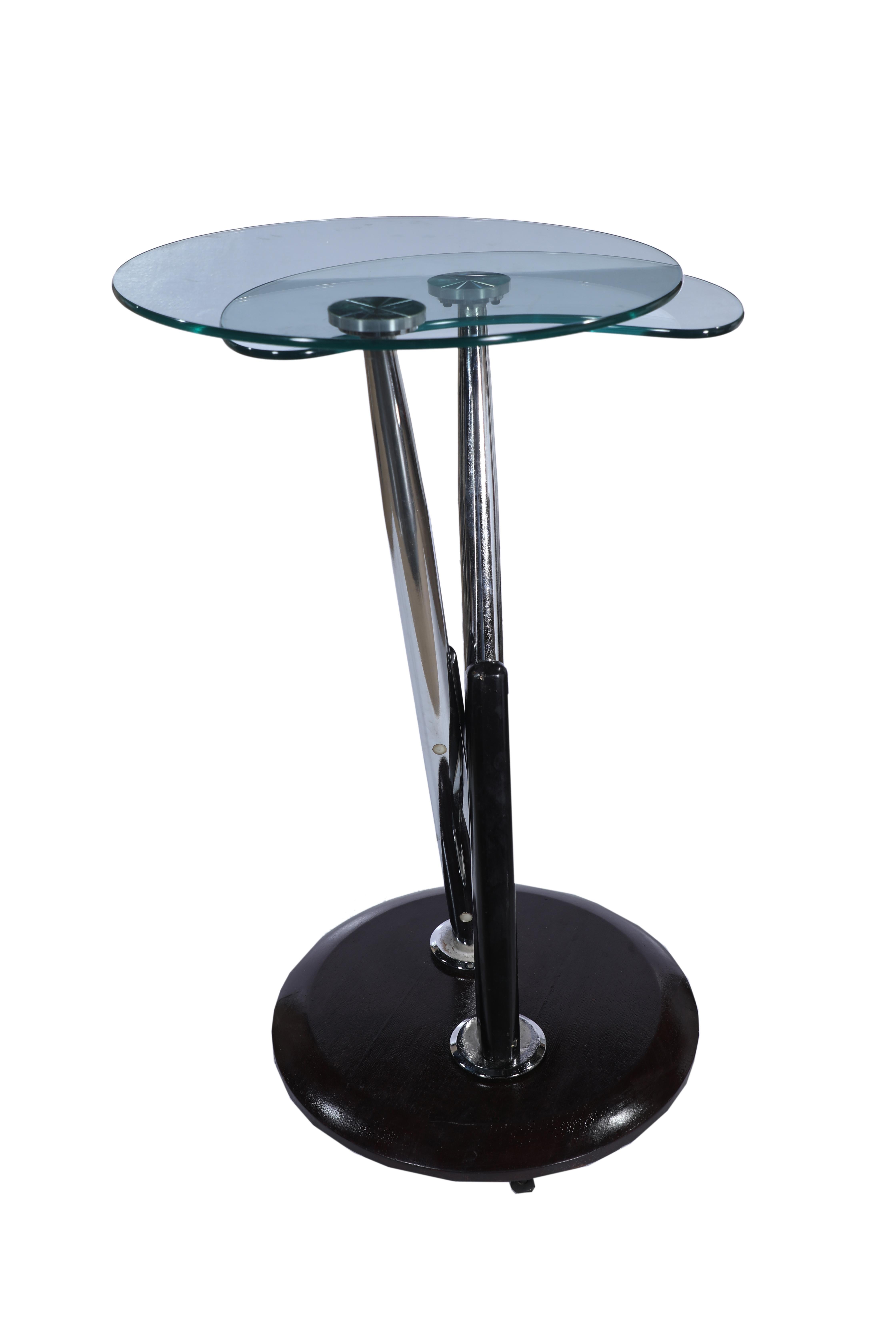European Chrome, Wood and Glass Swivel and Expanding High Top Table with Four Bar Stools For Sale