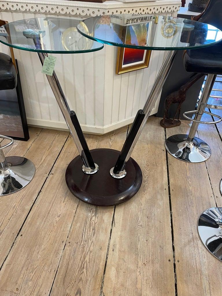 Chrome, Wood and Glass Swivel and Expanding High Top Table with Four Bar Stools For Sale 1