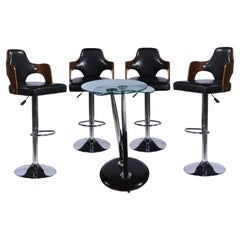 Chrome, Wood and Glass Swivel and Expanding High Top Table with Four Bar Stools