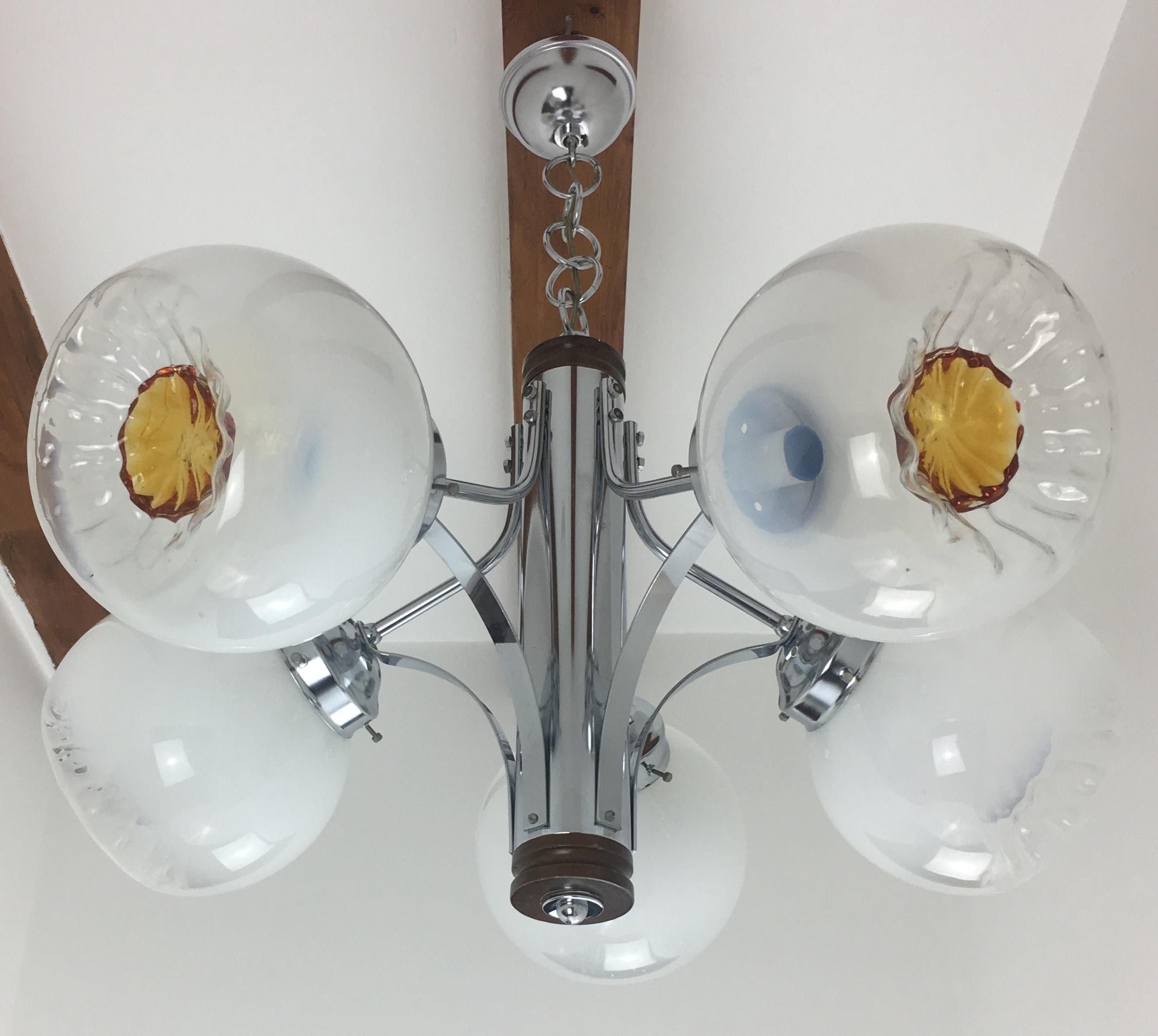 Iconic Carlo Nason for Mazzega Handblown Glass and Chrome Chandelier For Sale 3